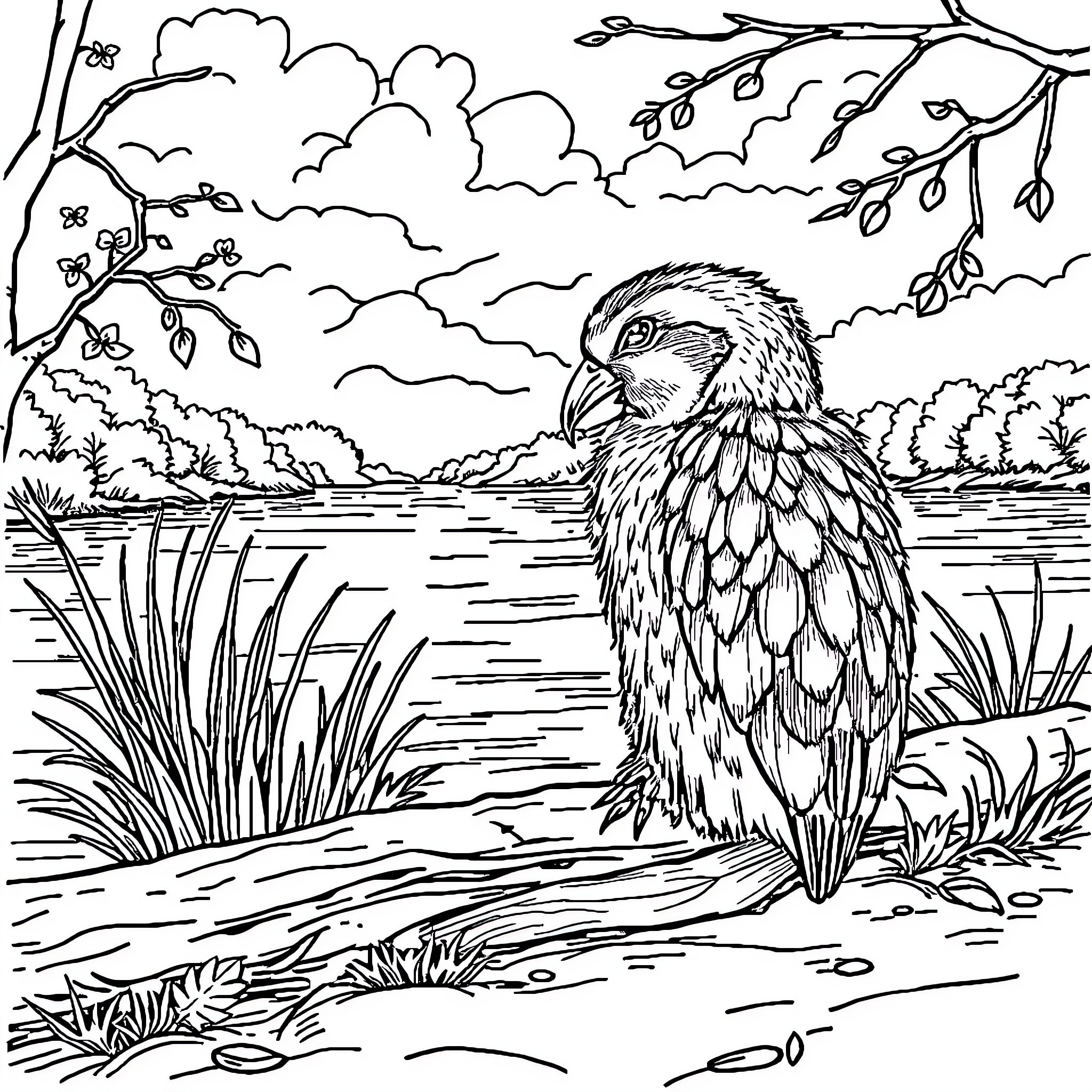 Anile Parrot resting in serene natural landscape Coloring Page (free black-and-white line drawing printable PDF for all, from beginners to advanced learners, including children, teens, adults, and seniors)