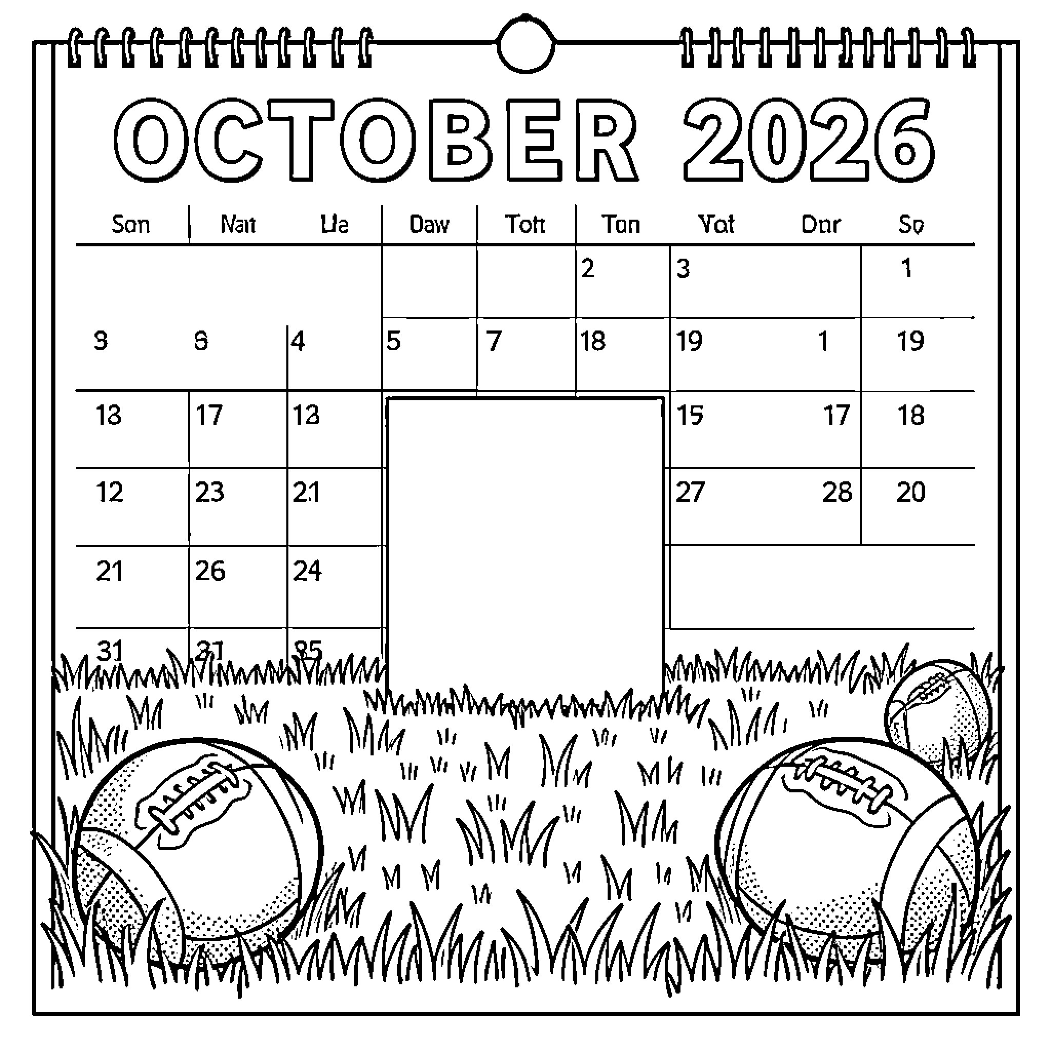 Calendar featuring footballs resting in the grass Coloring Page (free black-and-white line drawing printable PDF for all, from beginners to advanced learners, including children, teens, adults, and seniors)