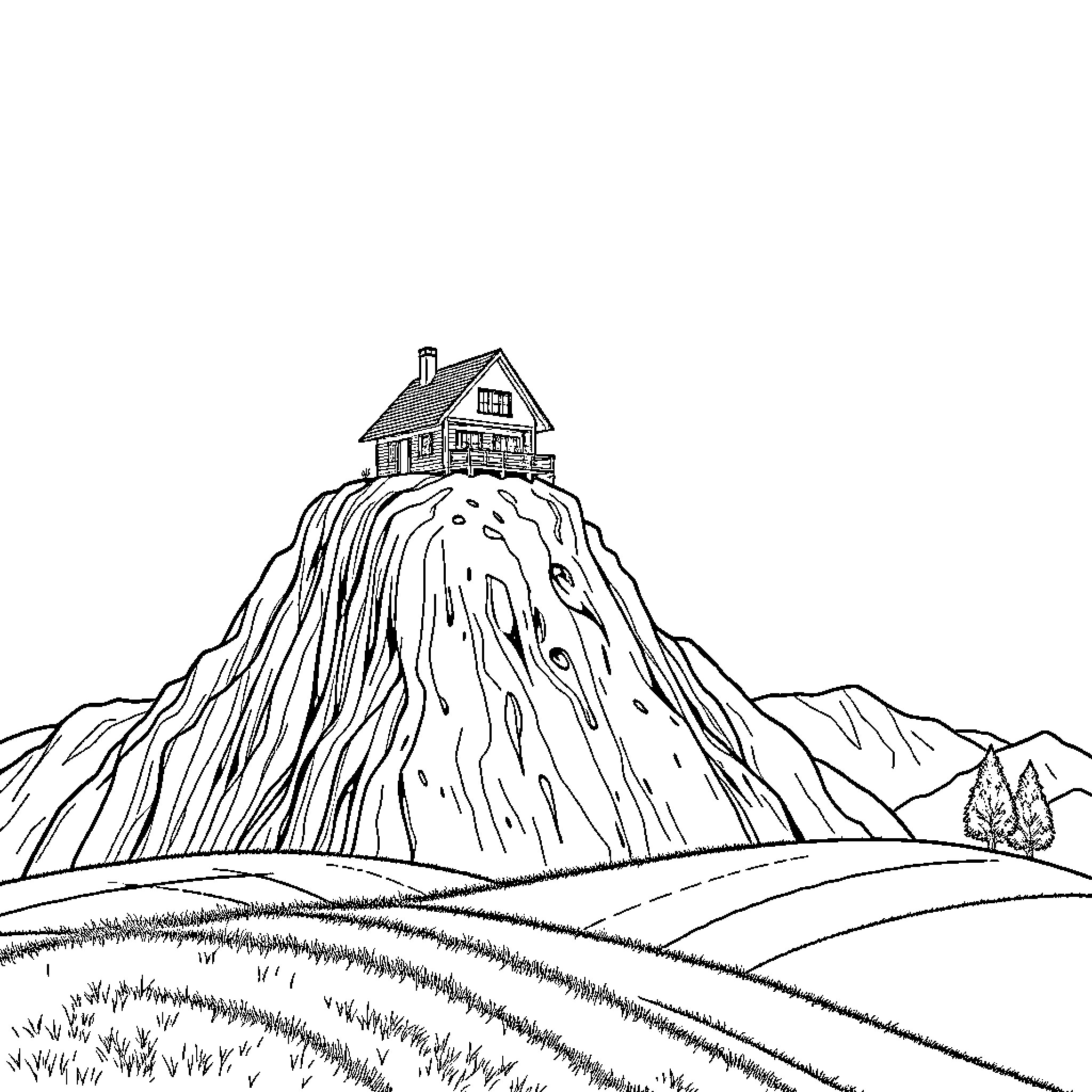 House on the Hilltop with Scenic Landscape Coloring Page (free black-and-white line drawing printable PDF for all, from beginners to advanced learners, including children, teens, adults, and seniors)