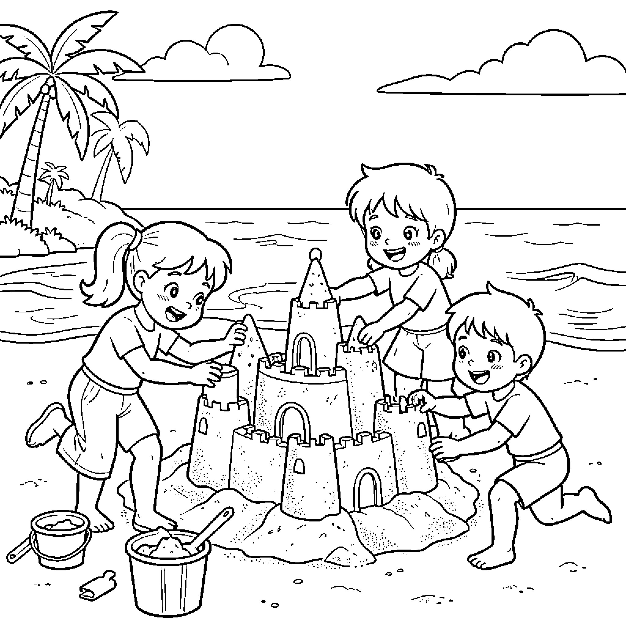 Lid building sandcastle at beach with friends Coloring Page (free black-and-white line drawing printable PDF for all, from beginners to advanced learners, including children, teens, adults, and seniors)