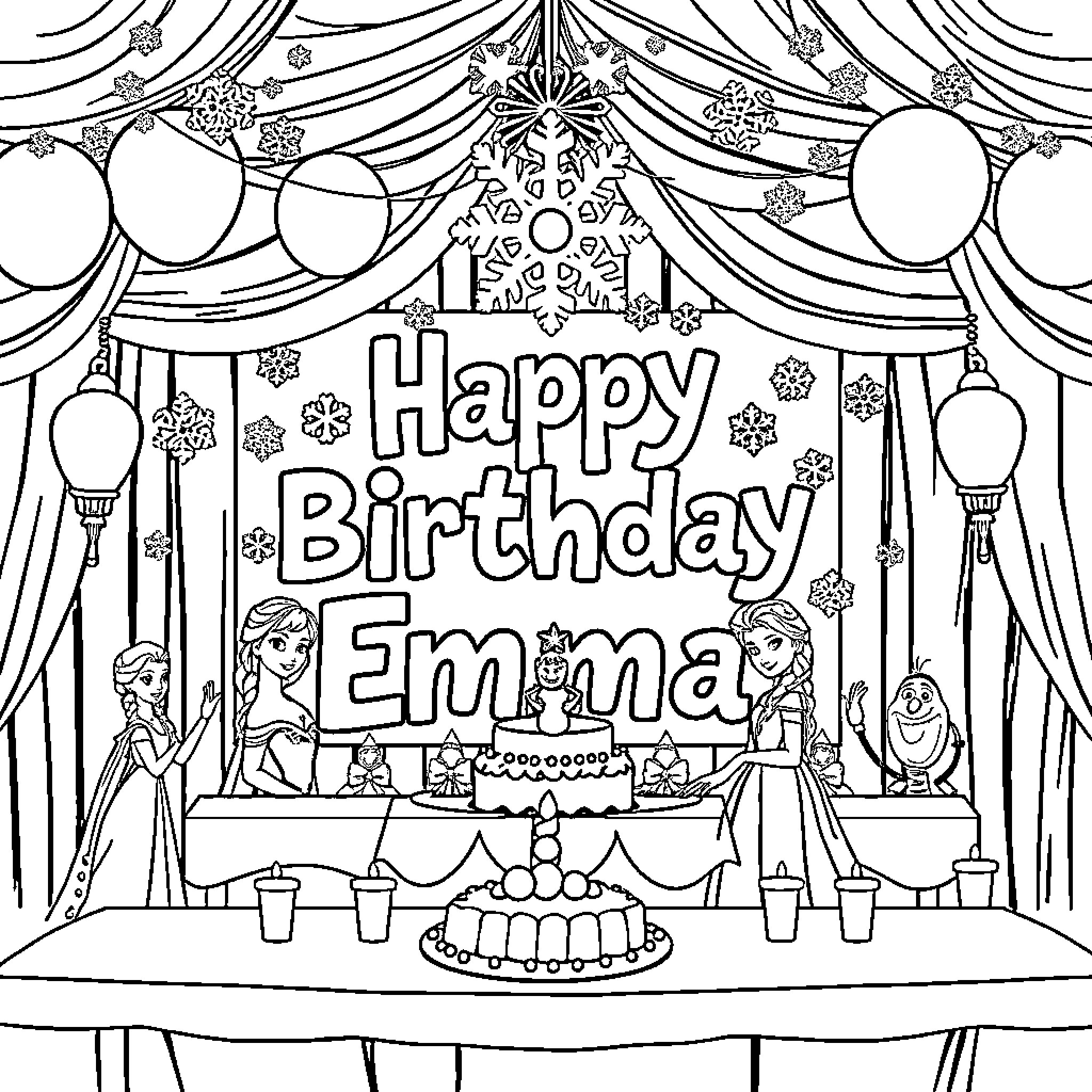 Frozen Birthday Celebration with Snowflakes and Characters Coloring Page (free black-and-white line drawing printable PDF for all, from beginners to advanced learners, including children, teens, adults, and seniors)