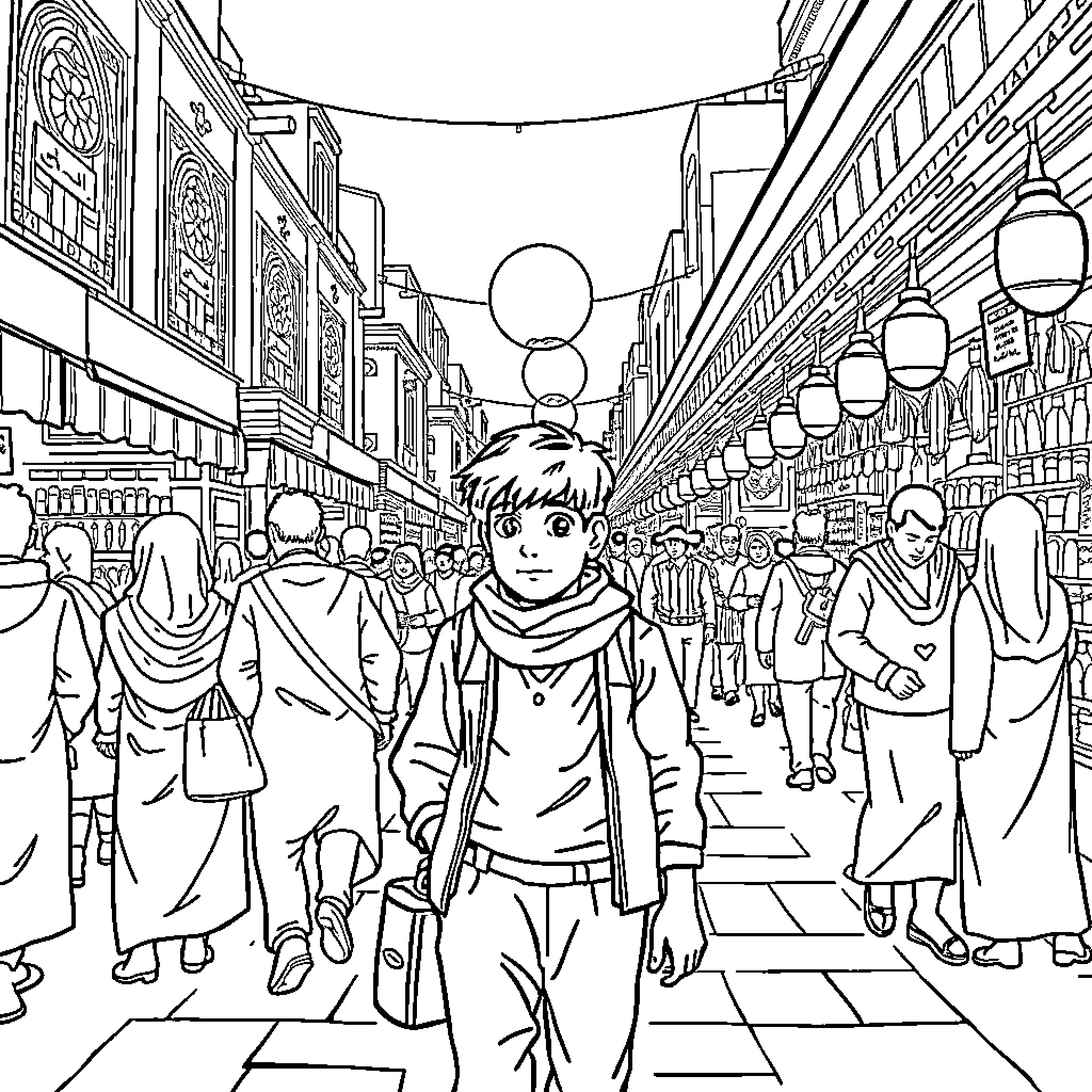 Boy exploring a bustling market street Coloring Page (free black-and-white line drawing printable PDF for all, from beginners to advanced learners, including children, teens, adults, and seniors)