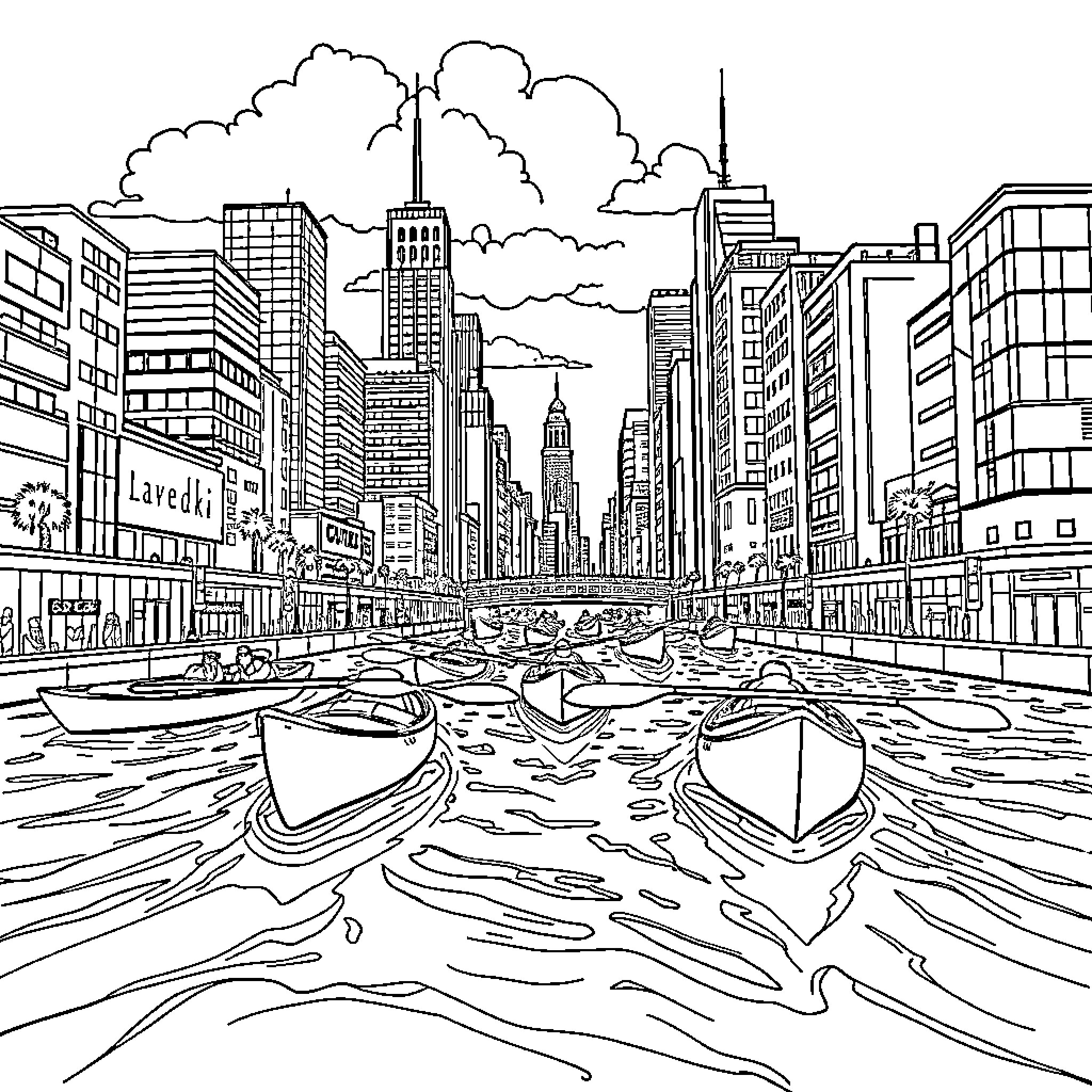 Kayak on the Flooded City Street Coloring Page (free black-and-white line drawing printable PDF for all, from beginners to advanced learners, including children, teens, adults, and seniors)