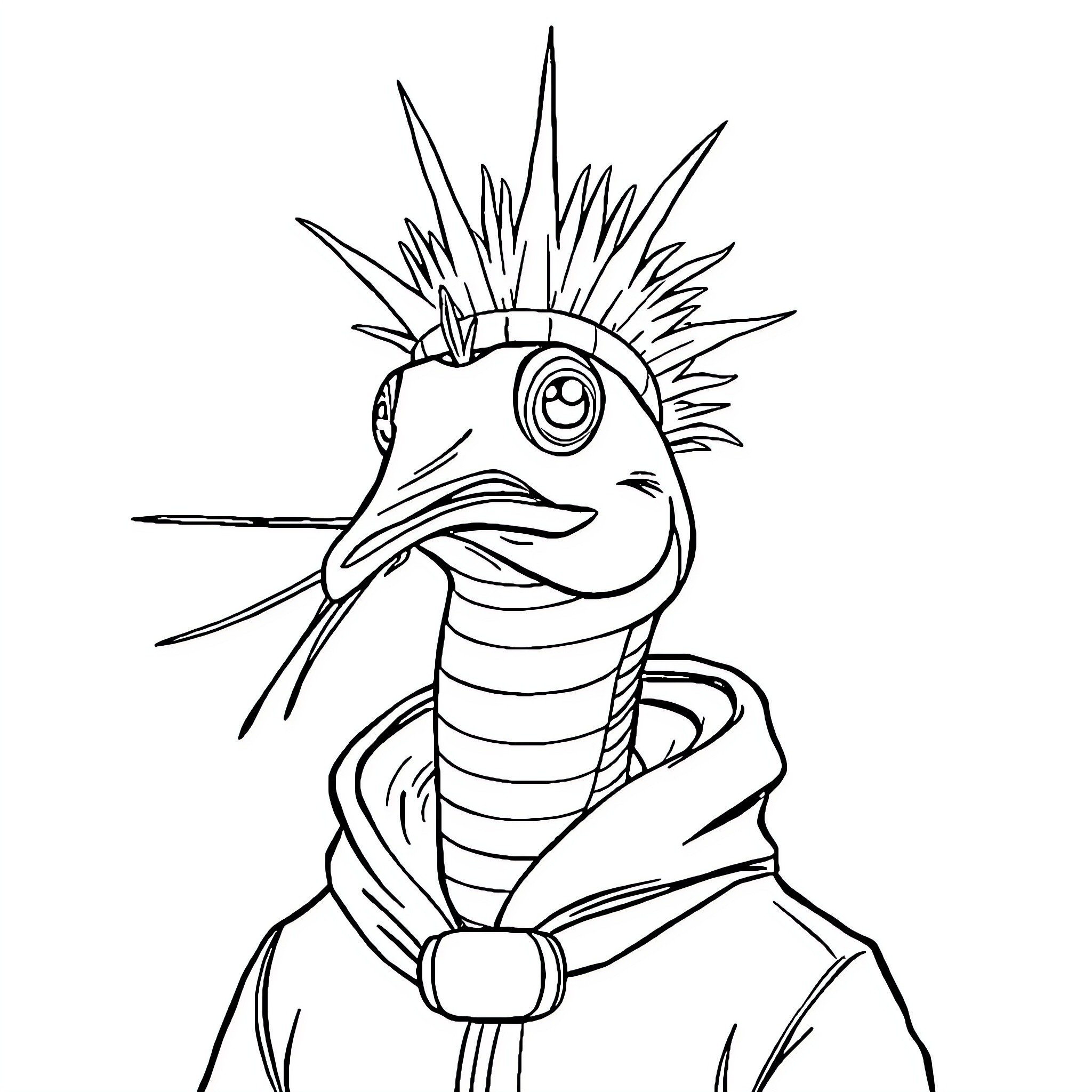 Hombre Cangrejo with Unique Hairstyle and Attire Coloring Page (free black-and-white line drawing printable PDF for all, from beginners to advanced learners, including children, teens, adults, and seniors)
