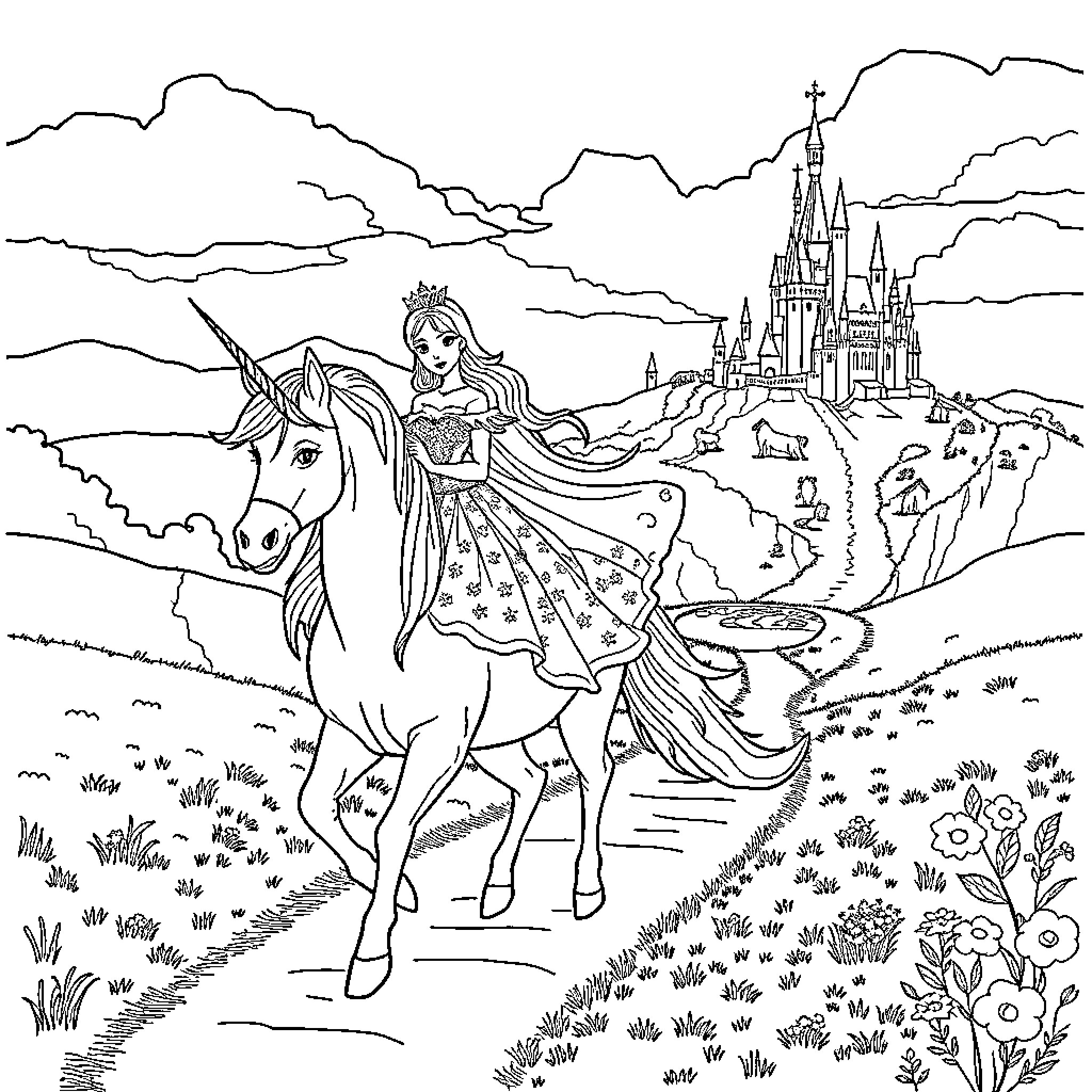 Princess riding unicorn in enchanting landscape Coloring Page (free black-and-white line drawing printable PDF for all, from beginners to advanced learners, including children, teens, adults, and seniors)