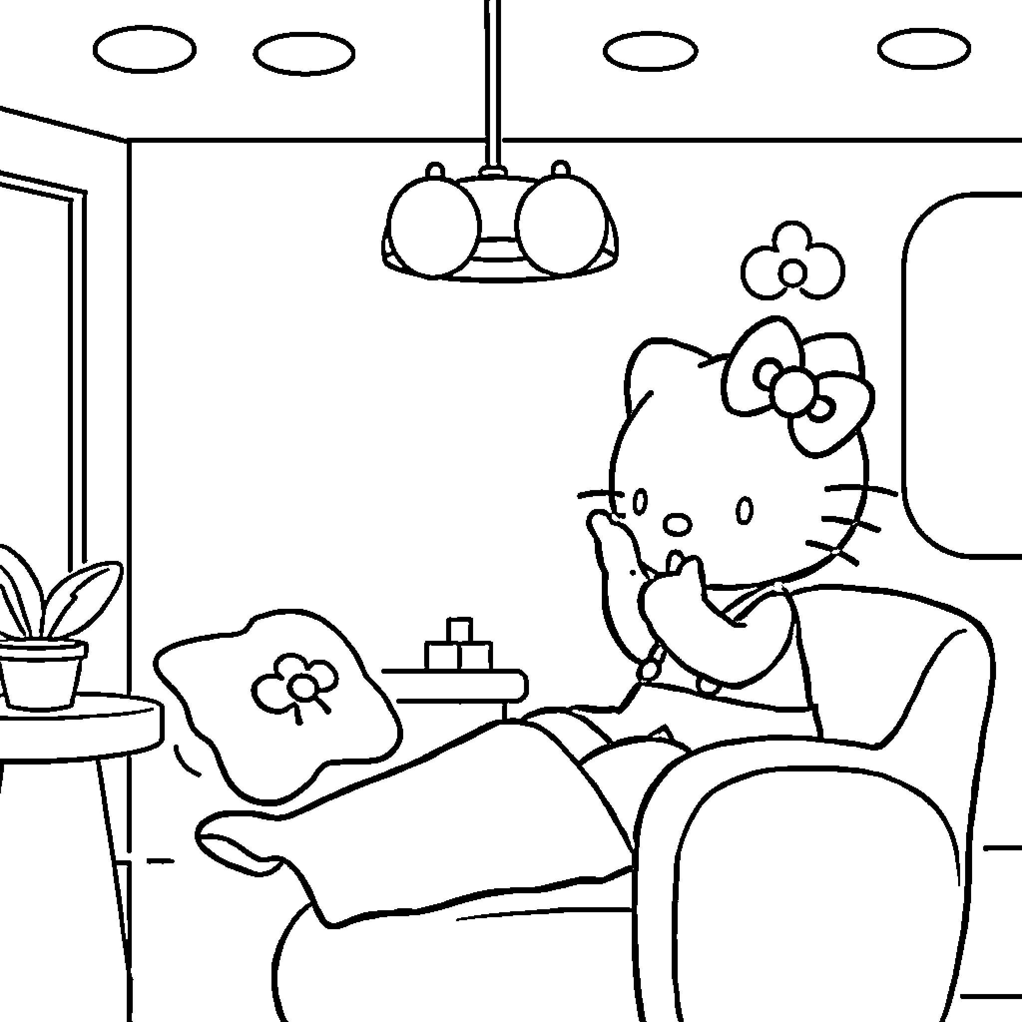 Hello Kitty relaxing in cozy room Coloring Page (free black-and-white line drawing printable PDF for all, from beginners to advanced learners, including children, teens, adults, and seniors)