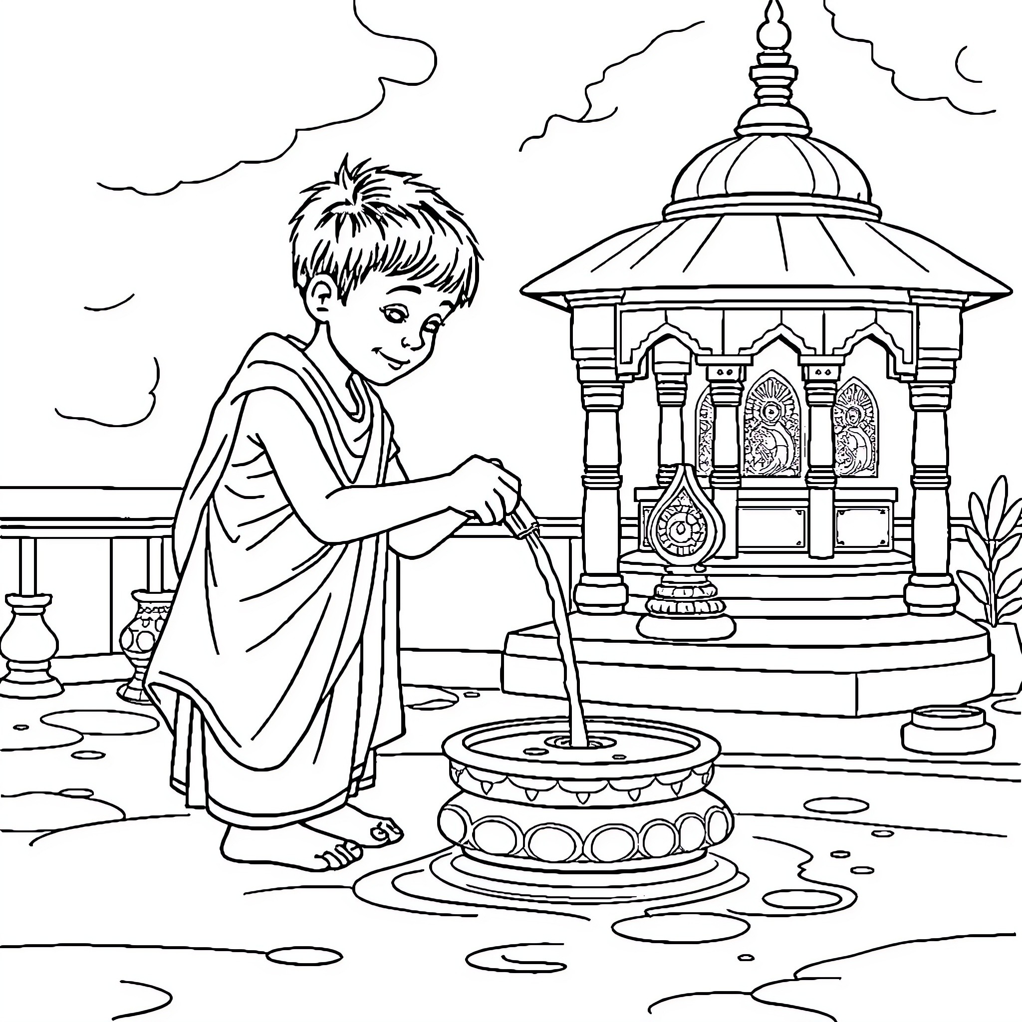 Boy praying in front of ornate temple Coloring Page (free black-and-white line drawing printable PDF for all, from beginners to advanced learners, including children, teens, adults, and seniors)