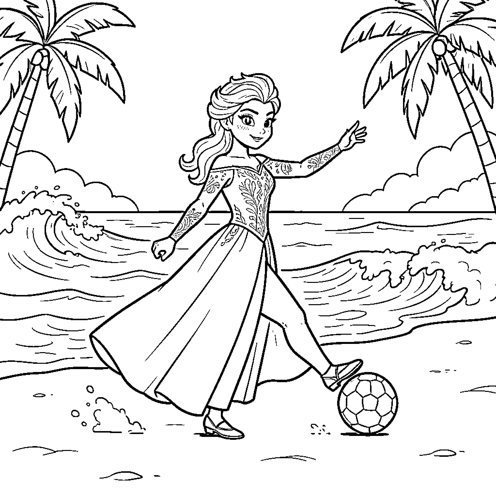 Princess playing soccer on a tropical beach Coloring Page (free black-and-white line drawing printable PDF for all, from beginners to advanced learners, including children, teens, adults, and seniors)