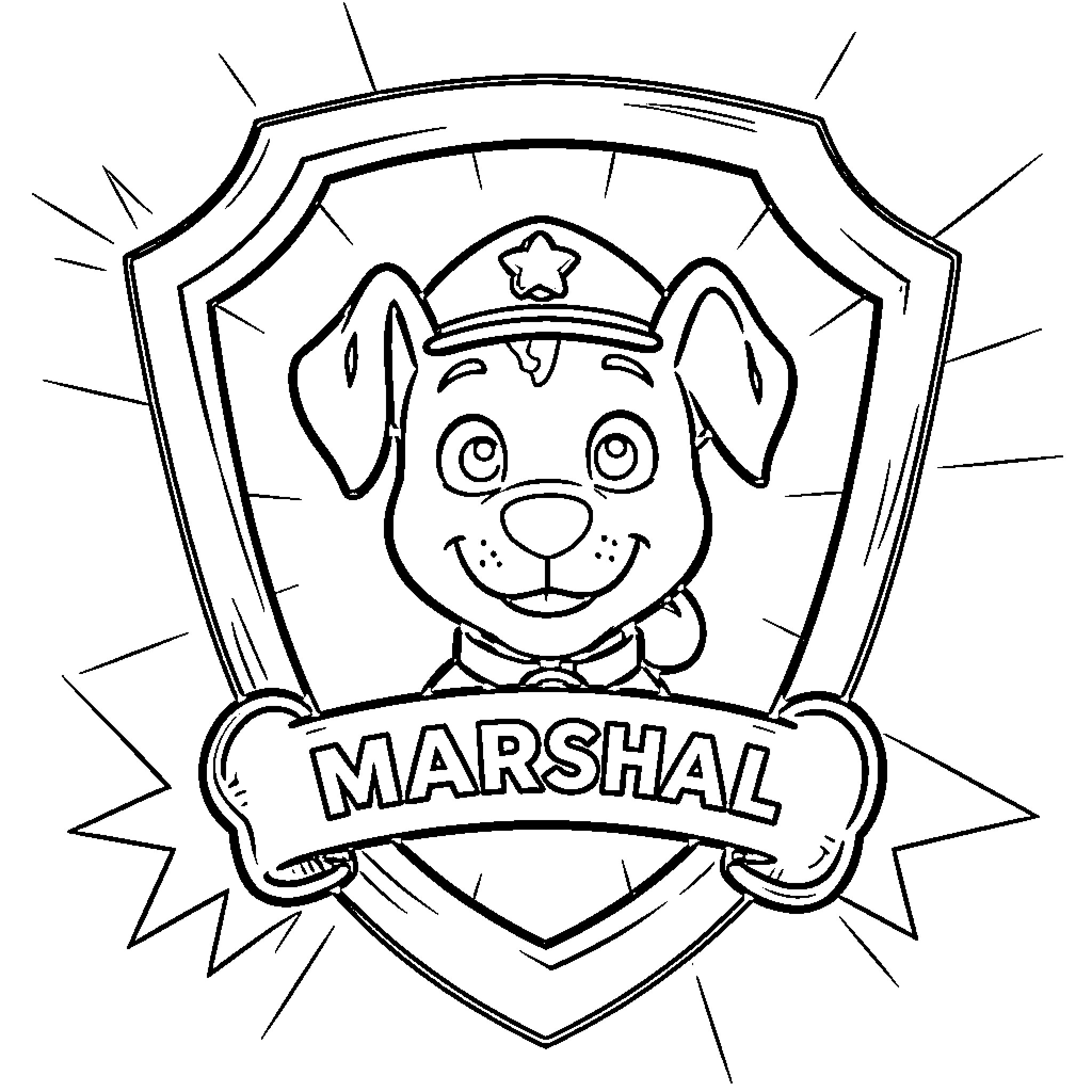 Paw Patrol Marshal Badge Emblem Coloring Page (free black-and-white line drawing printable PDF for all, from beginners to advanced learners, including children, teens, adults, and seniors)