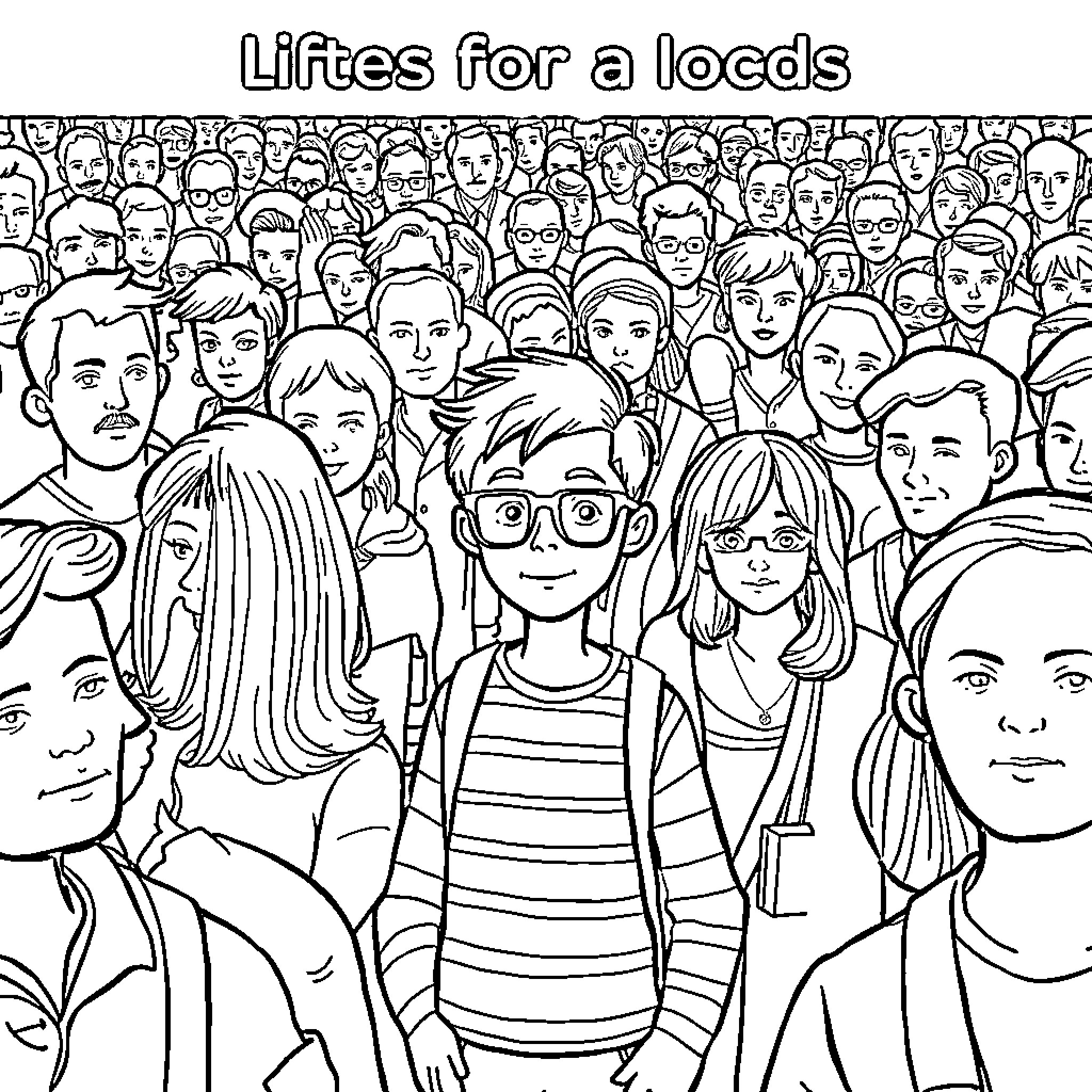 Wally in the Crowd of Diverse Individuals Coloring Page (free black-and-white line drawing printable PDF for all, from beginners to advanced learners, including children, teens, adults, and seniors)