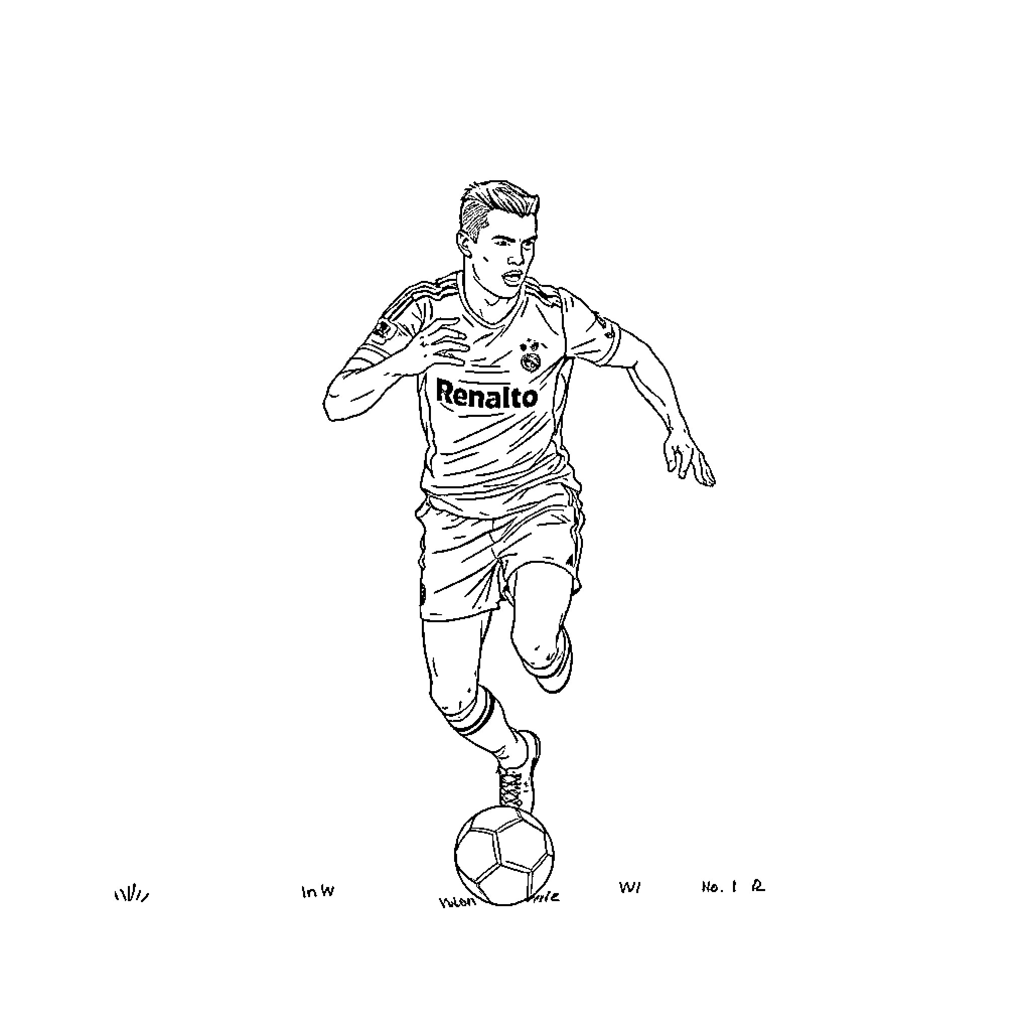 Cristiano Ronaldo running with soccer ball on the field Coloring Page (free black-and-white line drawing printable PDF for all, from beginners to advanced learners, including children, teens, adults, and seniors)