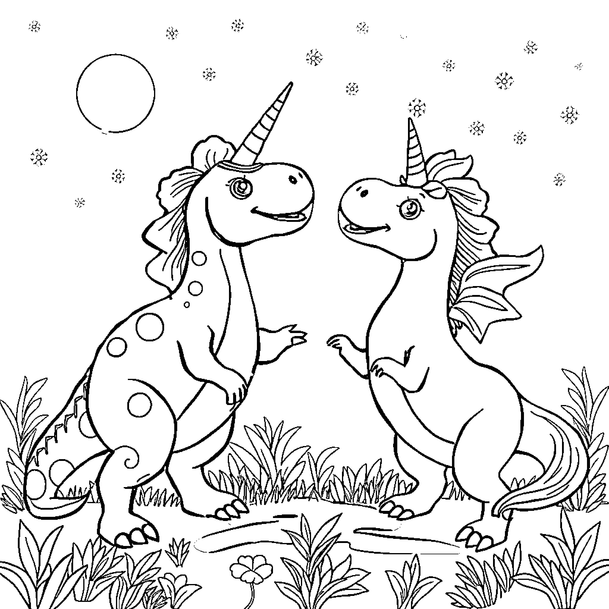 Dinosaur unicorns playing in the grass Coloring Page (free black-and-white line drawing printable PDF for all, from beginners to advanced learners, including children, teens, adults, and seniors)