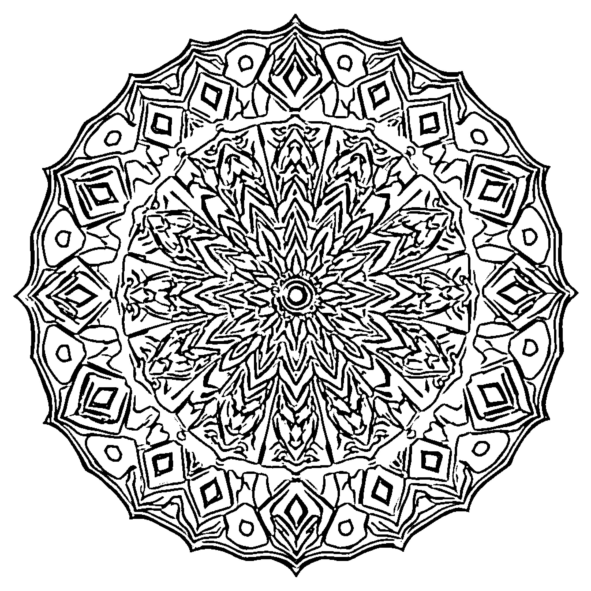 Mandala with intricate geometric patterns and symmetry Coloring Page (free black-and-white line drawing printable PDF for all, from beginners to advanced learners, including children, teens, adults, and seniors)