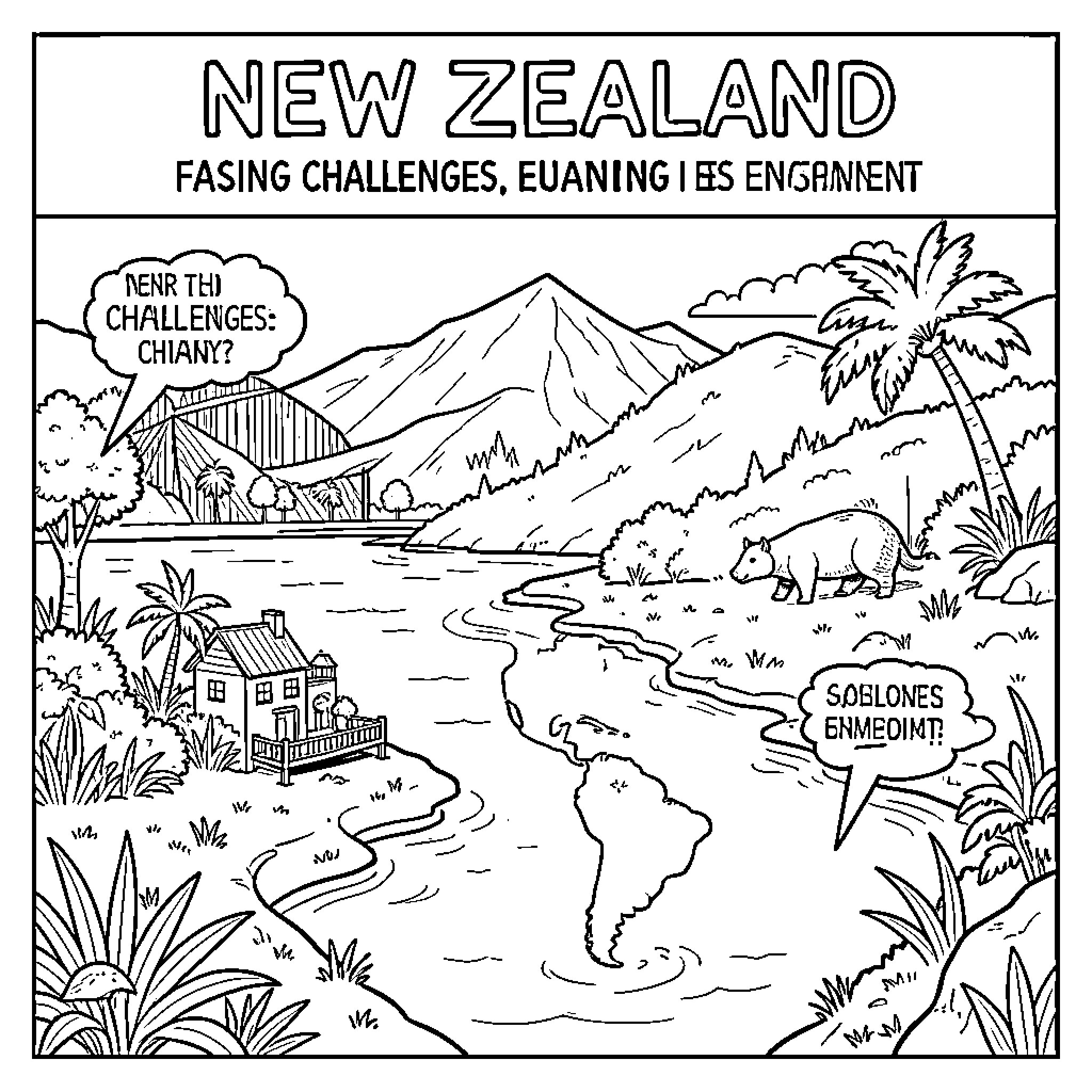 New Zealand landscape featuring mountains, animals, and a house Coloring Page (free black-and-white line drawing printable PDF for all, from beginners to advanced learners, including children, teens, adults, and seniors)