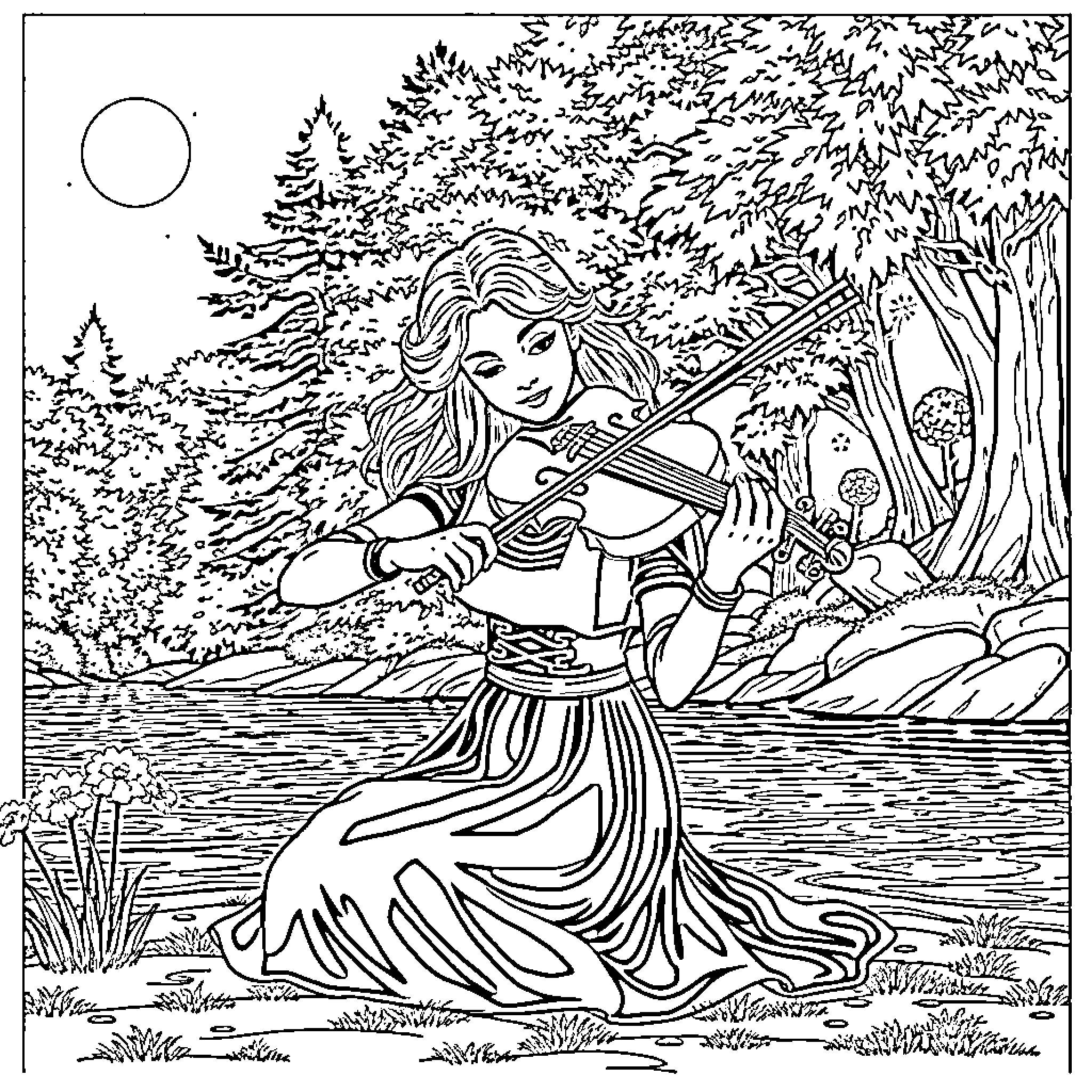 Hermione playing violin in serene nature Coloring Page (free black-and-white line drawing printable PDF for all, from beginners to advanced learners, including children, teens, adults, and seniors)