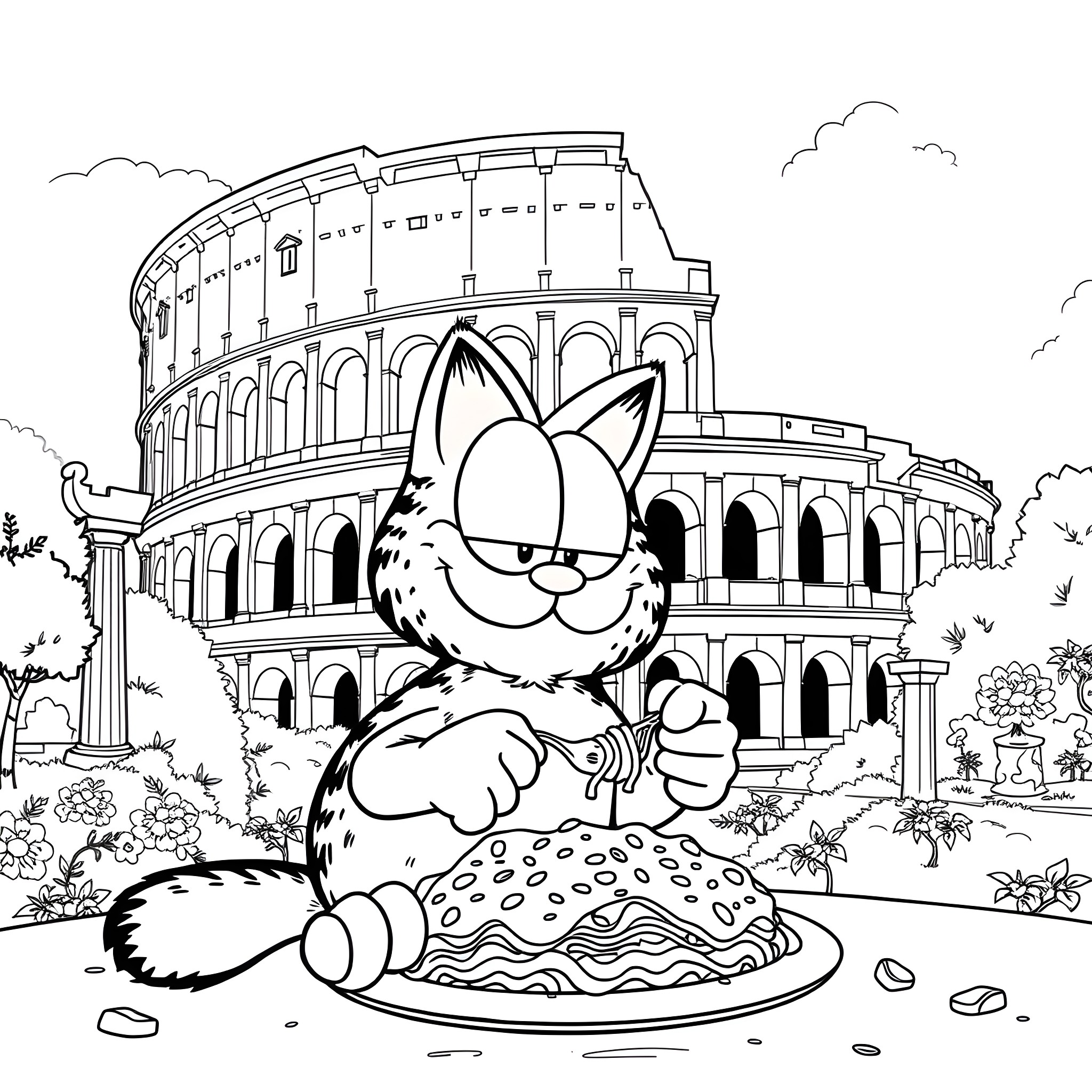 Garfield explores the Colosseum in Rome Coloring Page (free black-and-white line drawing printable PDF for all, from beginners to advanced learners, including children, teens, adults, and seniors)