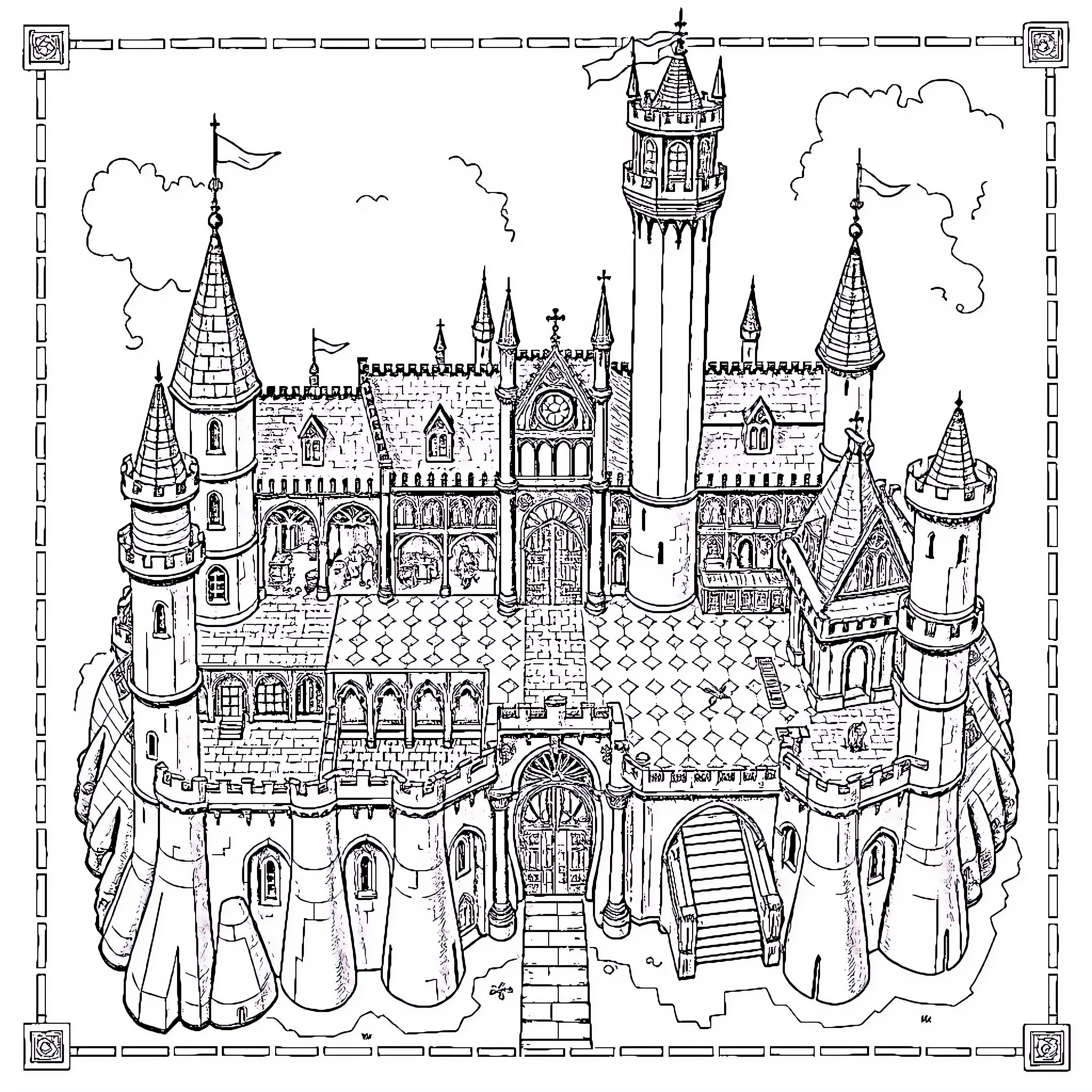 Castle with Whimsical Architectural Features Coloring Page (free black-and-white line drawing printable PDF for all, from beginners to advanced learners, including children, teens, adults, and seniors)