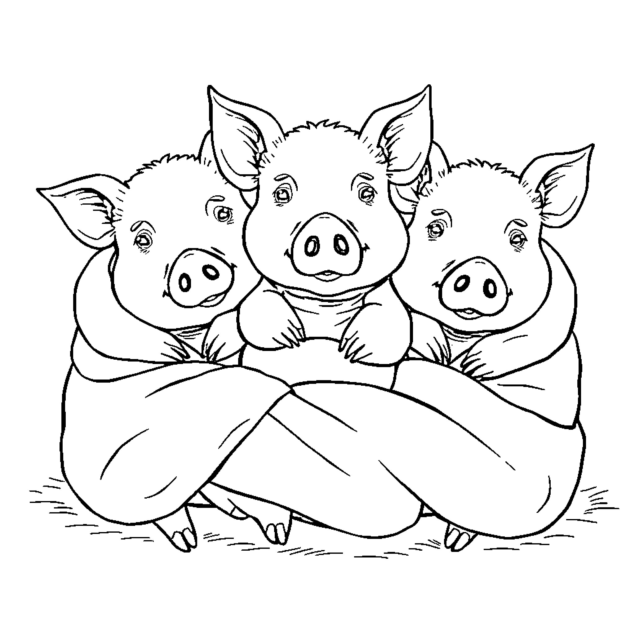 Pig friends enjoying the day together Coloring Page (free black-and-white line drawing printable PDF for all, from beginners to advanced learners, including children, teens, adults, and seniors)