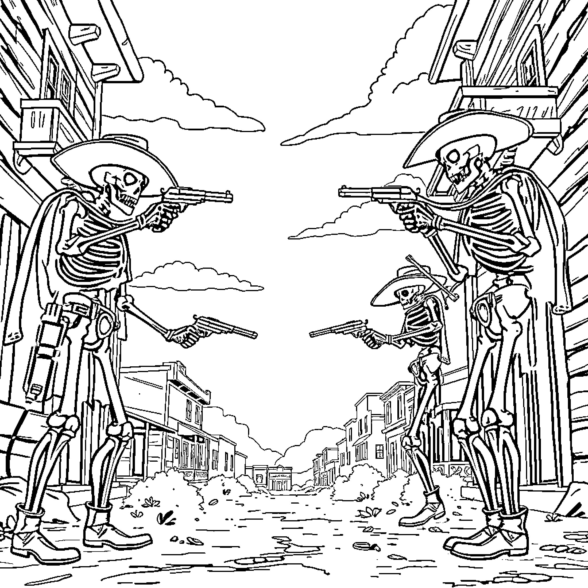 Skeleton Gunslingers in the Wild West Coloring Page (free black-and-white line drawing printable PDF for all, from beginners to advanced learners, including children, teens, adults, and seniors)
