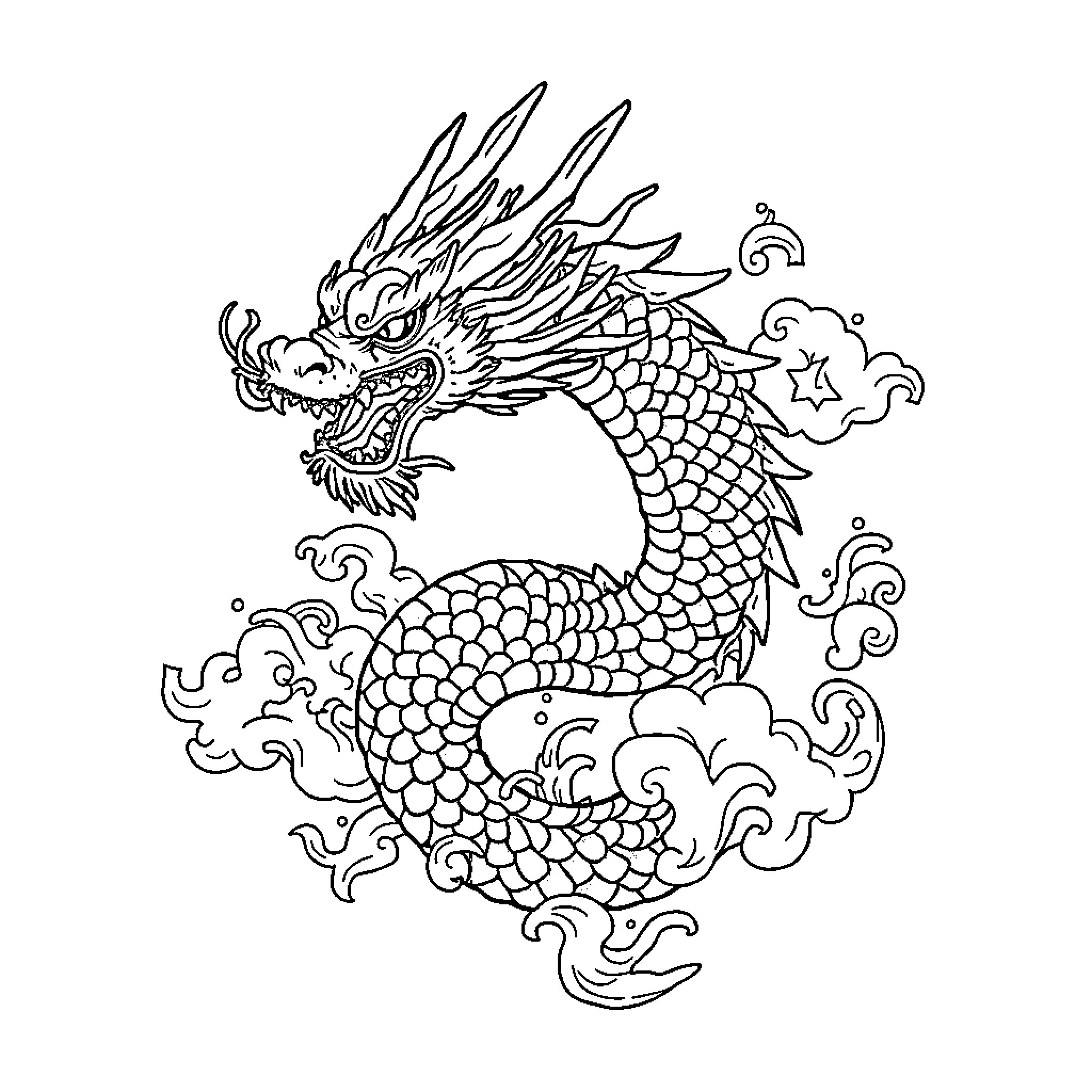 Dragon soaring through swirling clouds Coloring Page (free black-and-white line drawing printable PDF for all, from beginners to advanced learners, including children, teens, adults, and seniors)
