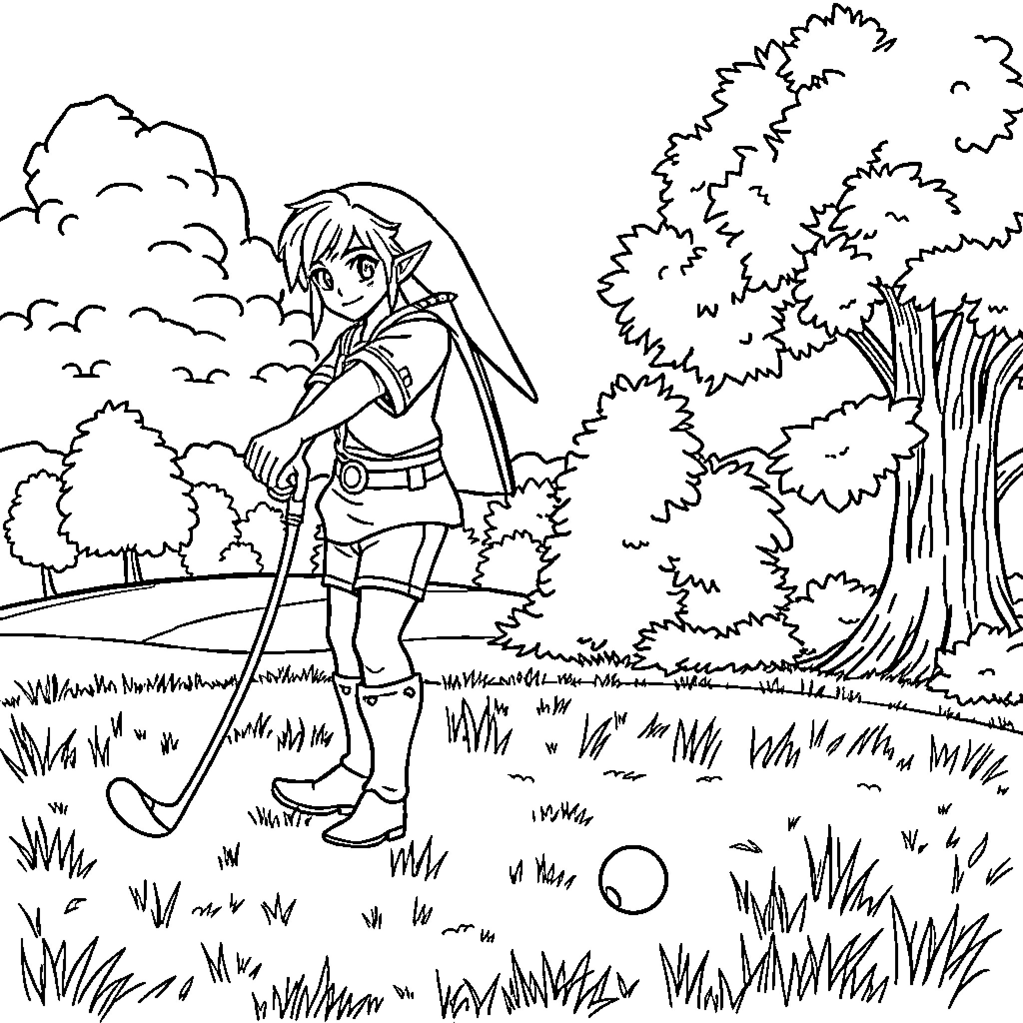 Link exploring the forest with sword and shield Coloring Page (free black-and-white line drawing printable PDF for all, from beginners to advanced learners, including children, teens, adults, and seniors)