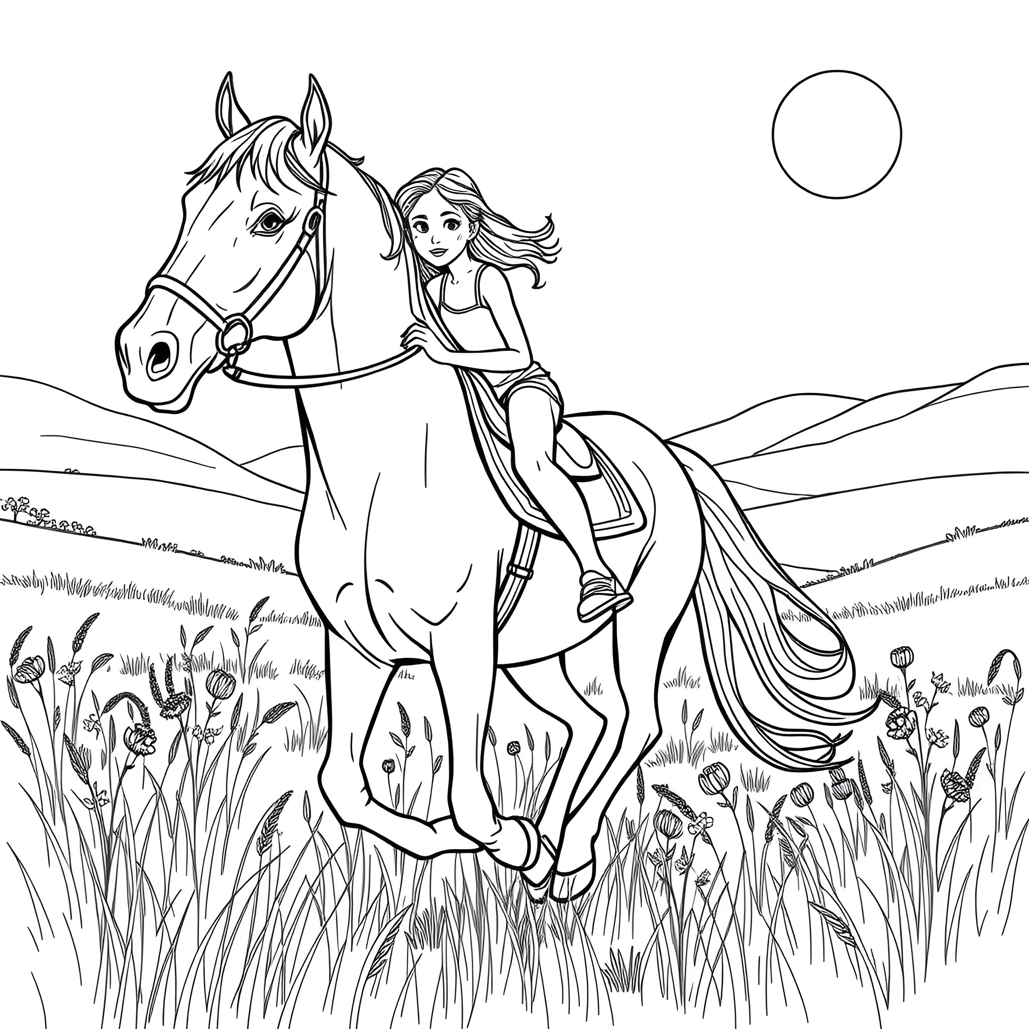 Teen Girl Riding a Horse in a Meadow Coloring Page (free black-and-white line drawing printable PDF for all, from beginners to advanced learners, including children, teens, adults, and seniors)