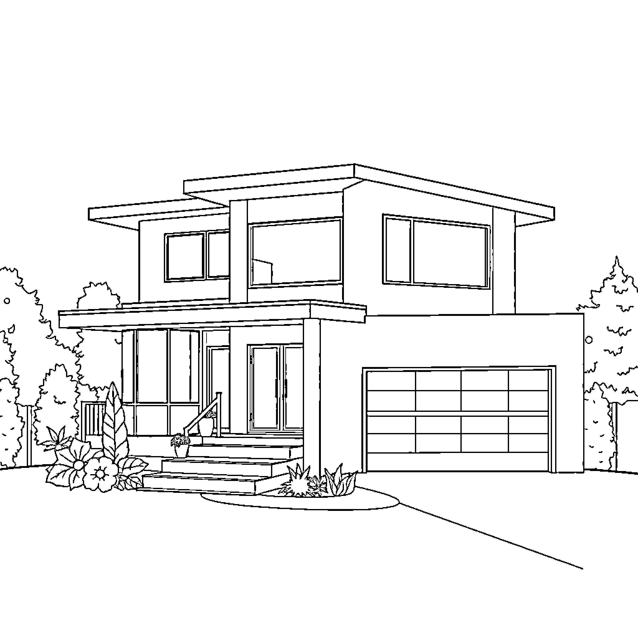 House with modern architecture and landscaping Coloring Page (free black-and-white line drawing printable PDF for all, from beginners to advanced learners, including children, teens, adults, and seniors)