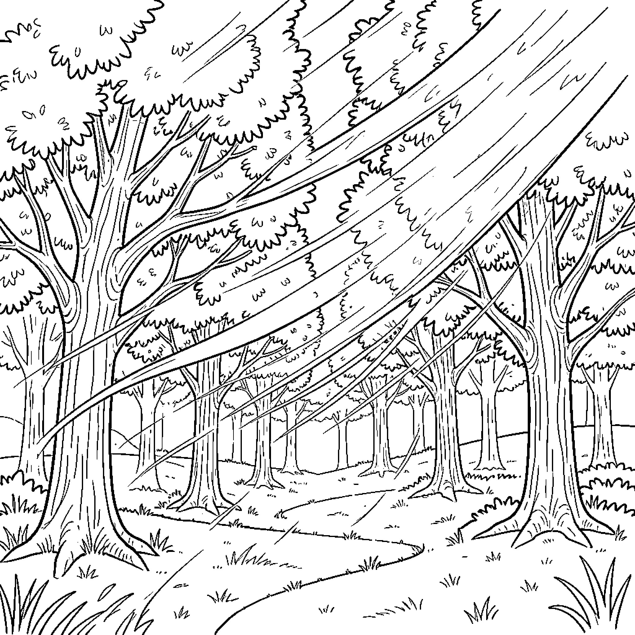 Rafale flying through a dense forest landscape Coloring Page (free black-and-white line drawing printable PDF for all, from beginners to advanced learners, including children, teens, adults, and seniors)