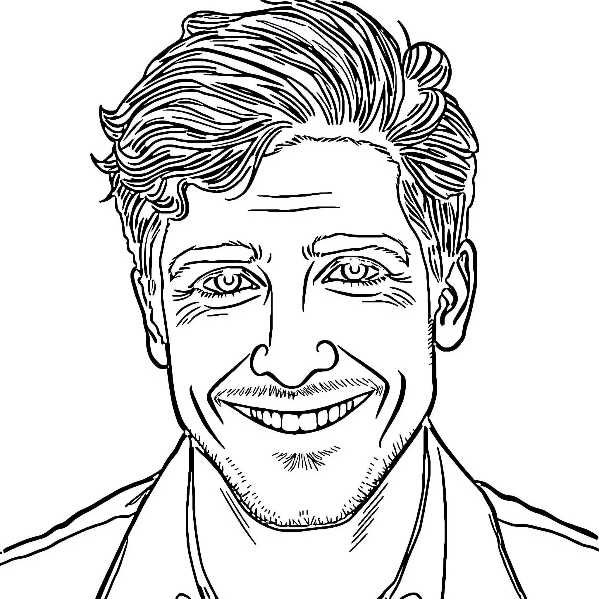 Pedro Pascal smiling confidently in portrait Coloring Page (free black-and-white line drawing printable PDF for all, from beginners to advanced learners, including children, teens, adults, and seniors)