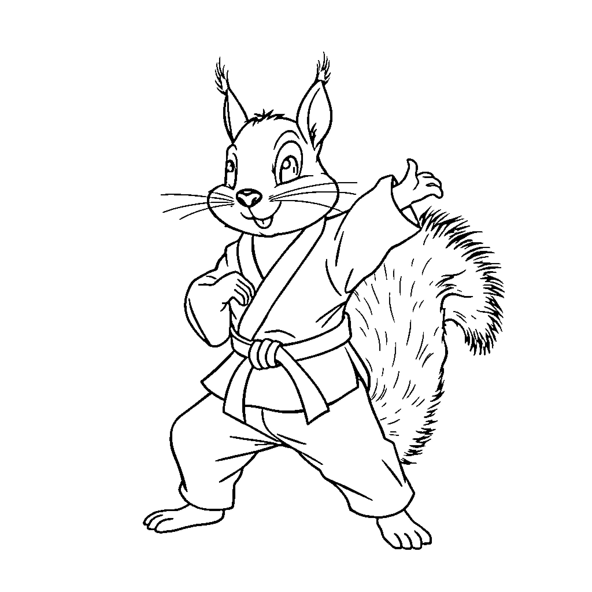 Squirrel practicing martial arts Coloring Page (free black-and-white line drawing printable PDF for all, from beginners to advanced learners, including children, teens, adults, and seniors)