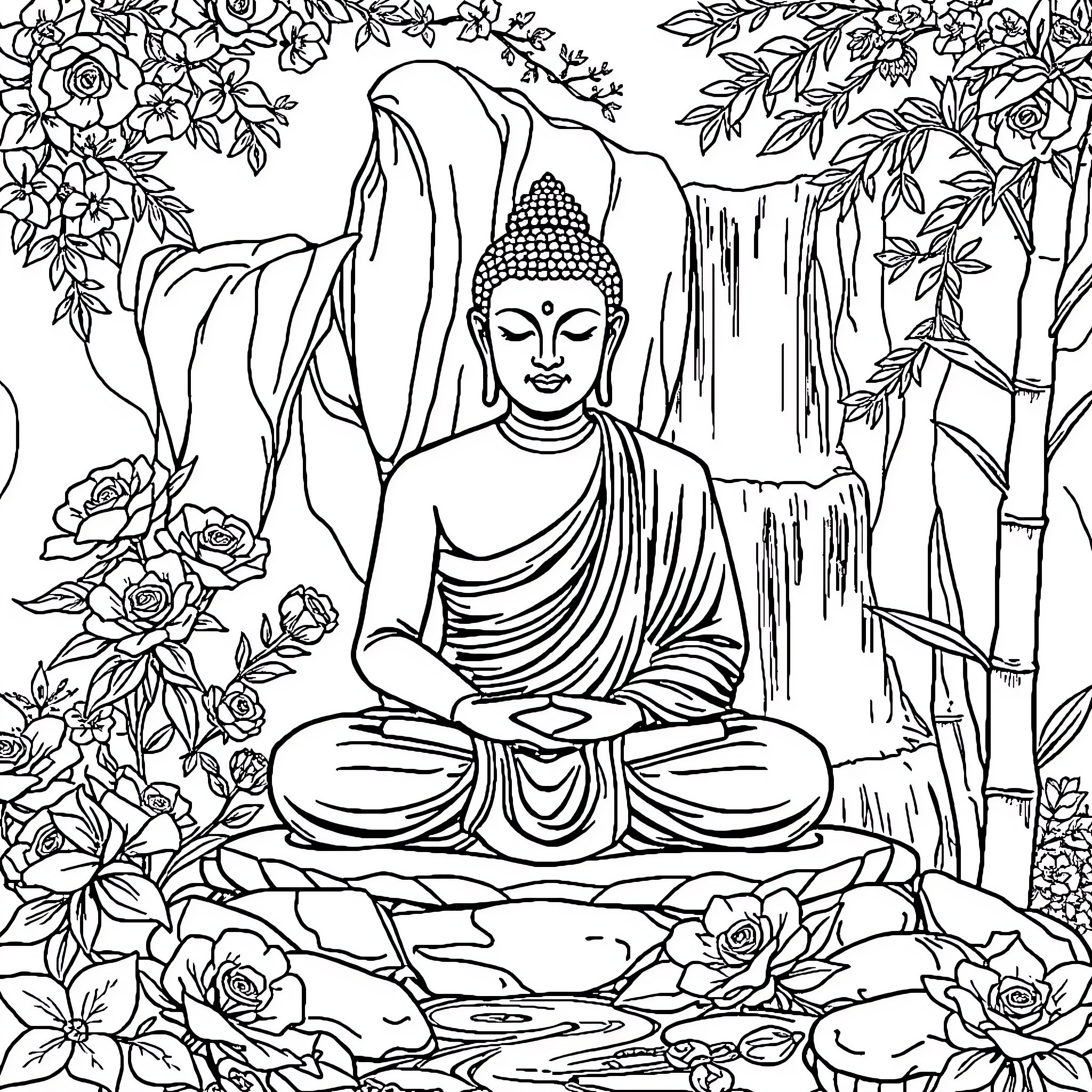 Buddha meditating amidst nature's beauty Coloring Page (free black-and-white line drawing printable PDF for all, from beginners to advanced learners, including children, teens, adults, and seniors)