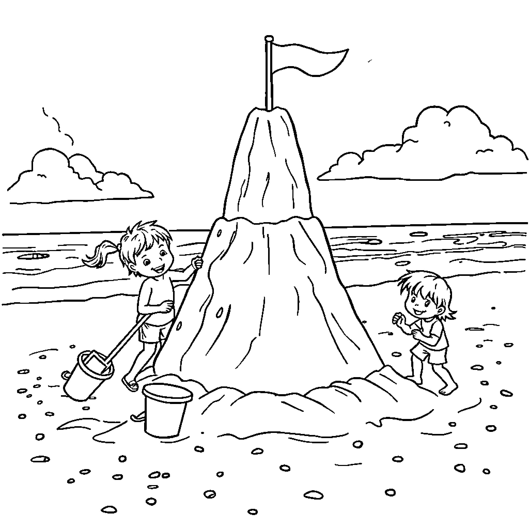 Beach fun with children building sandcastle Coloring Page (free black-and-white line drawing printable PDF for all, from beginners to advanced learners, including children, teens, adults, and seniors)