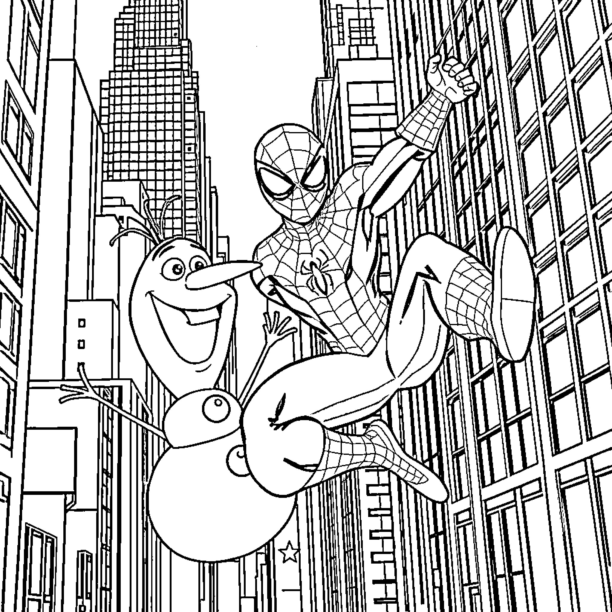 Spidey swinging through the city with Olaf Coloring Page (free black-and-white line drawing printable PDF for all, from beginners to advanced learners, including children, teens, adults, and seniors)