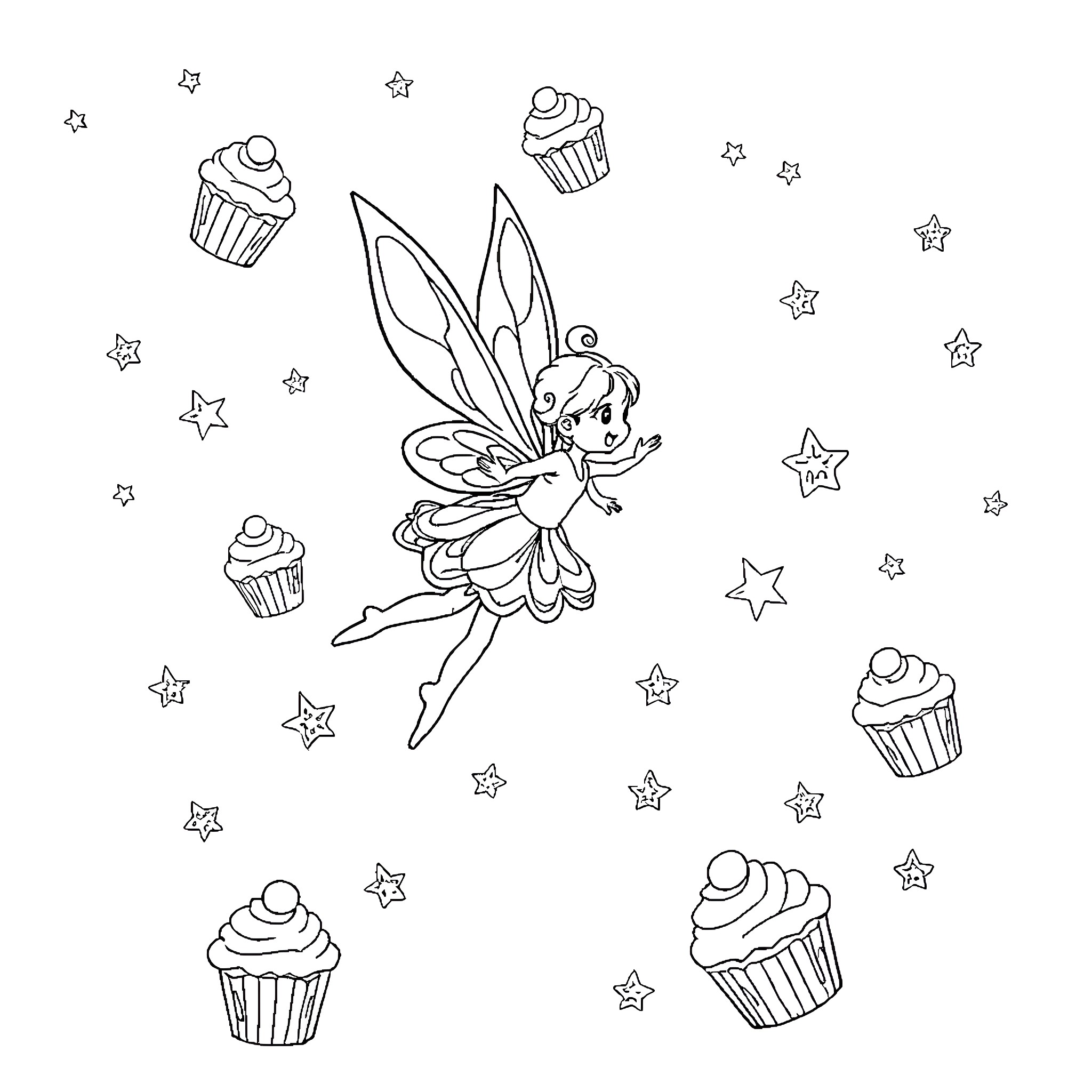 Fairy fluttering among cupcakes and stars Coloring Page (free black-and-white line drawing printable PDF for all, from beginners to advanced learners, including children, teens, adults, and seniors)