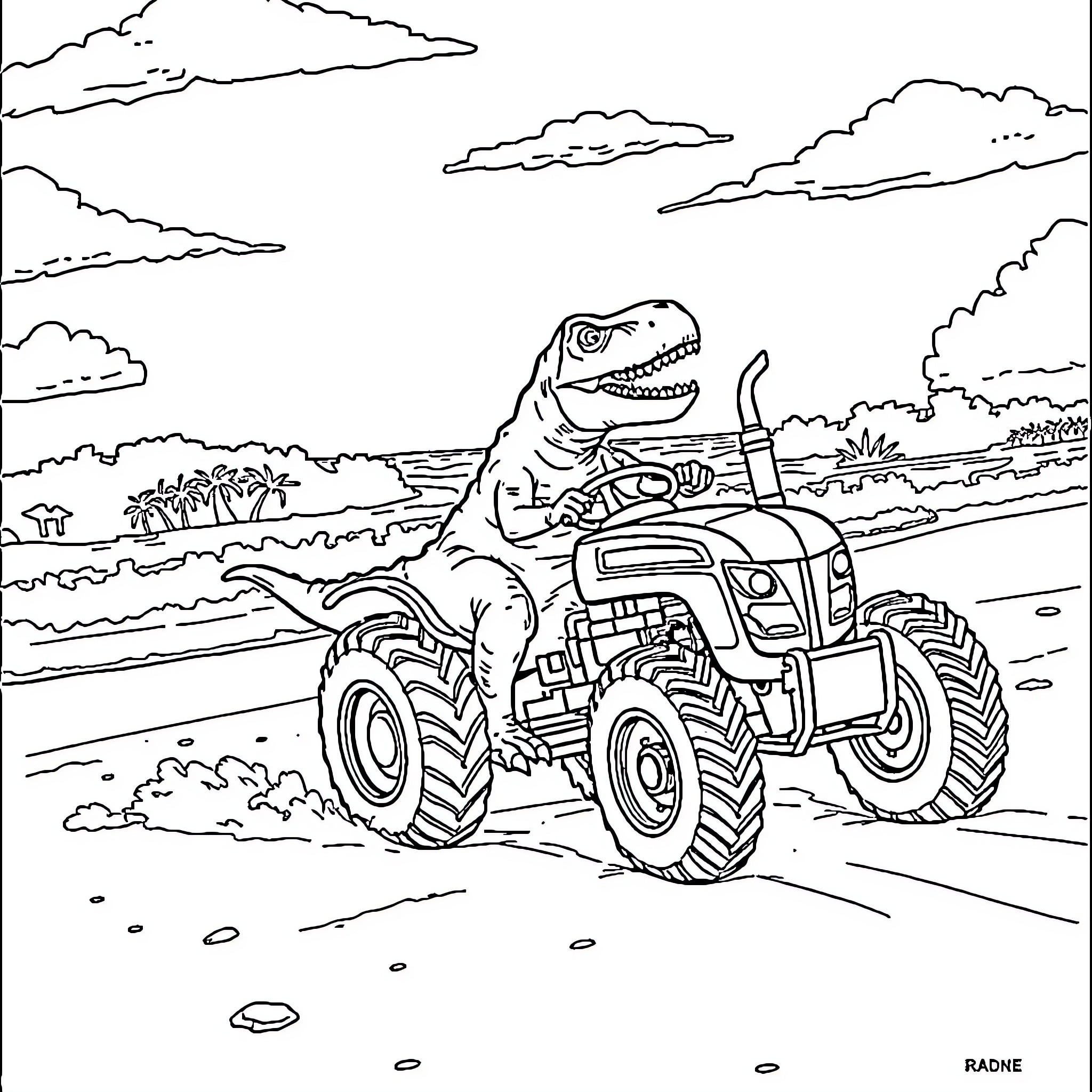 T-Rex Driving a Monster Truck through the Countryside Coloring Page (free black-and-white line drawing printable PDF for all, from beginners to advanced learners, including children, teens, adults, and seniors)