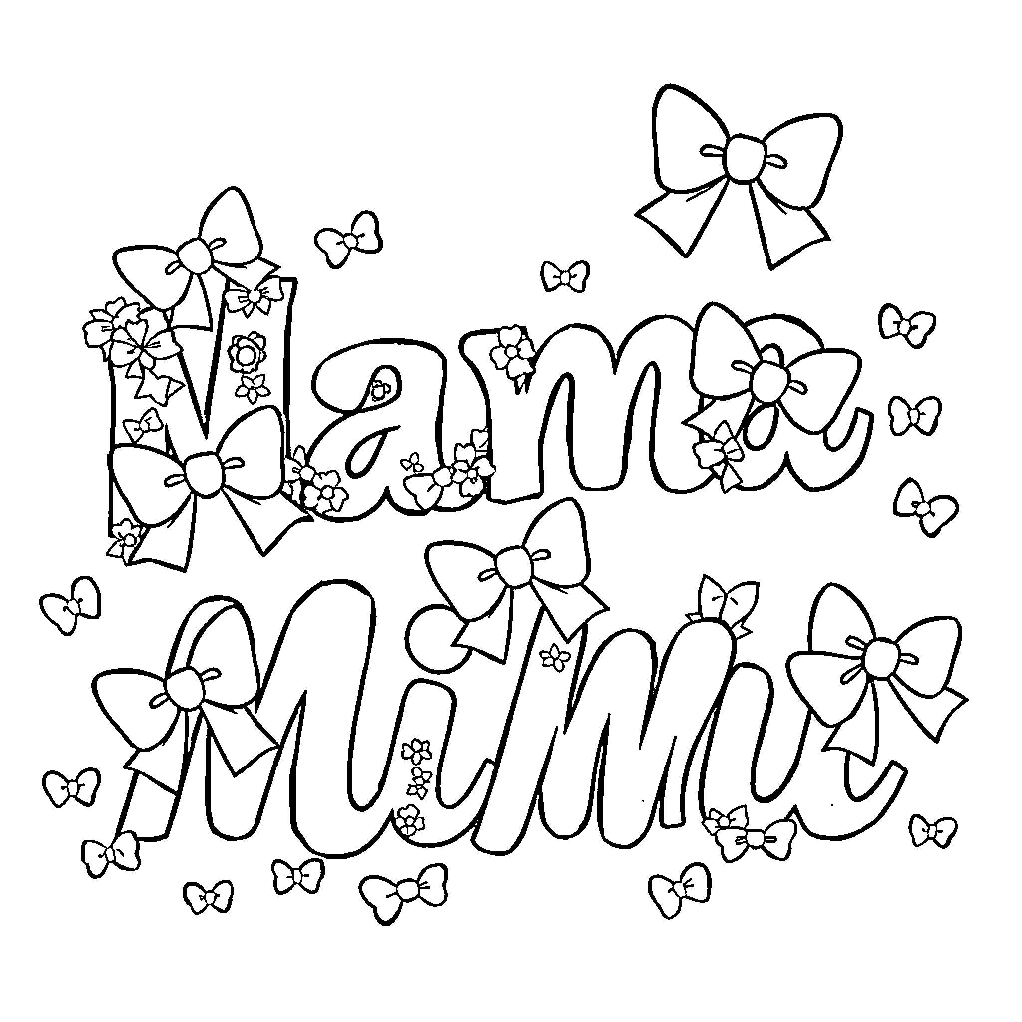 Mama's Lovely Bows and Flowers Coloring Page (free black-and-white line drawing printable PDF for all, from beginners to advanced learners, including children, teens, adults, and seniors)