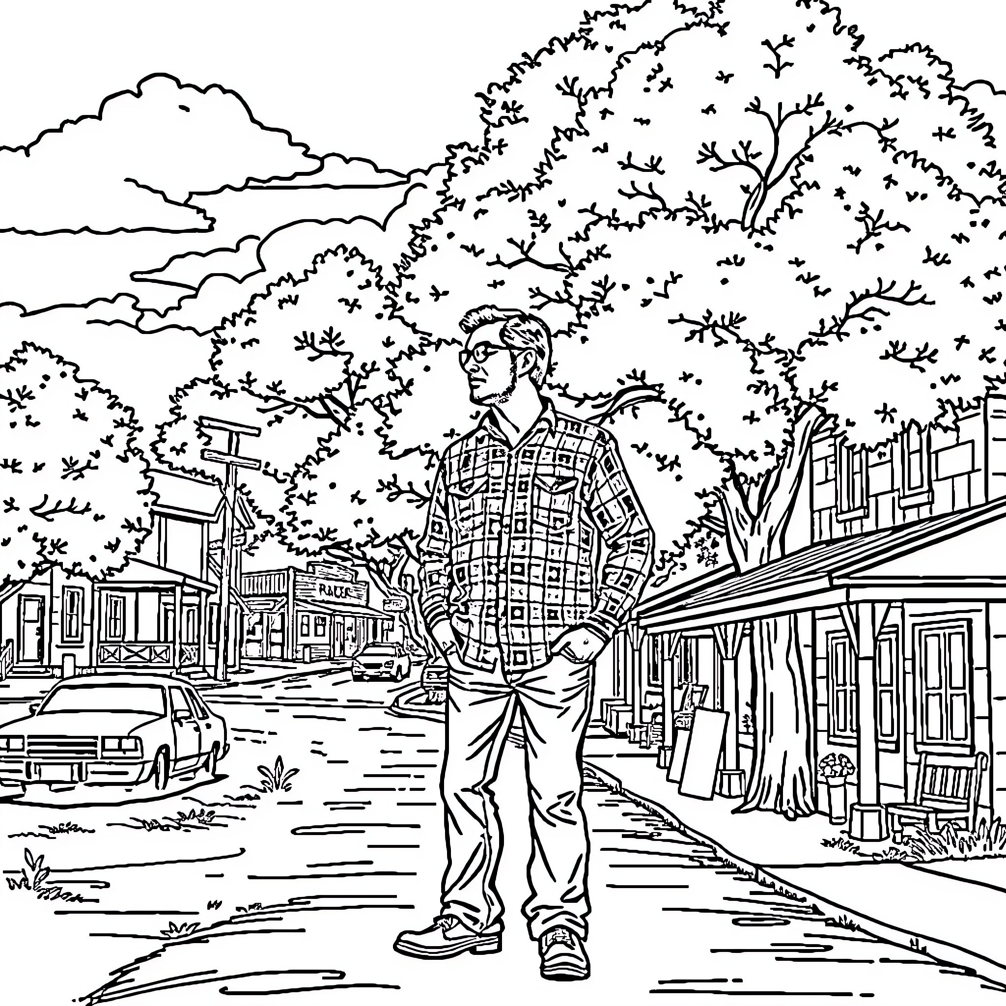 Hank Hill exploring the town on a peaceful day Coloring Page (free black-and-white line drawing printable PDF for all, from beginners to advanced learners, including children, teens, adults, and seniors)