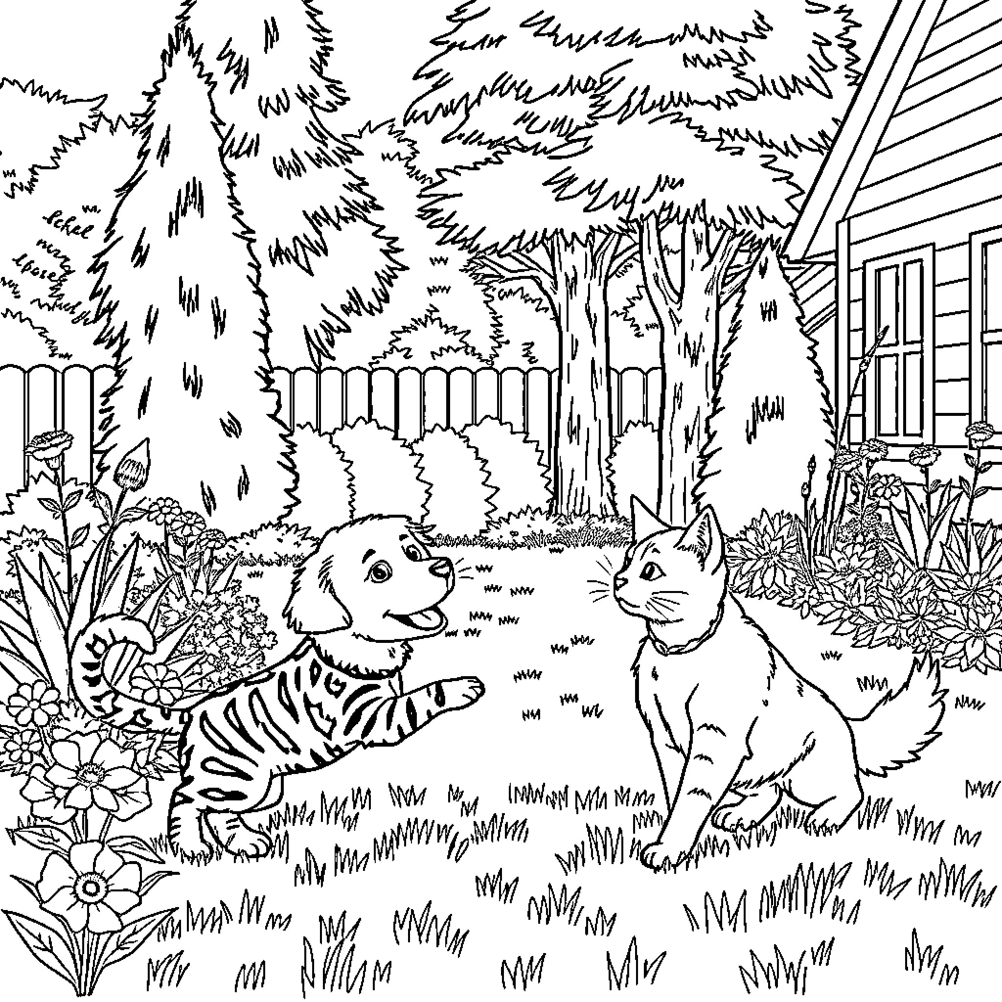 Dog and Cat Exploring the Garden Coloring Page (free black-and-white line drawing printable PDF for all, from beginners to advanced learners, including children, teens, adults, and seniors)