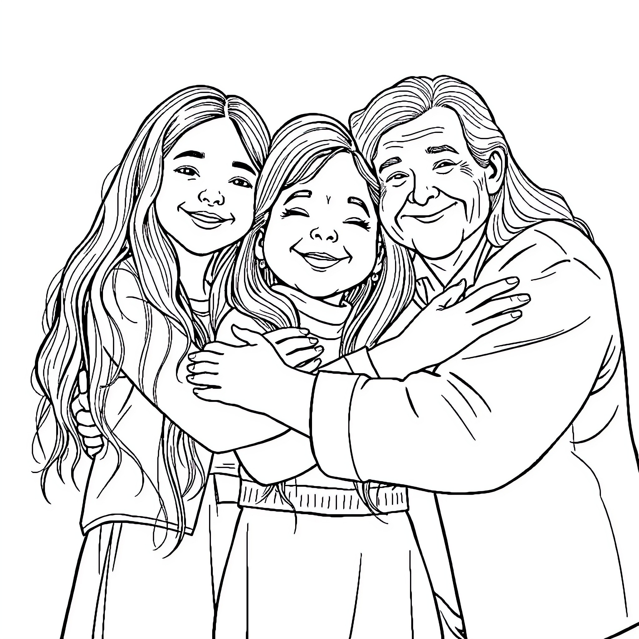 Child's Joyful Family Portrait Coloring Page (free black-and-white line drawing printable PDF for all, from beginners to advanced learners, including children, teens, adults, and seniors)
