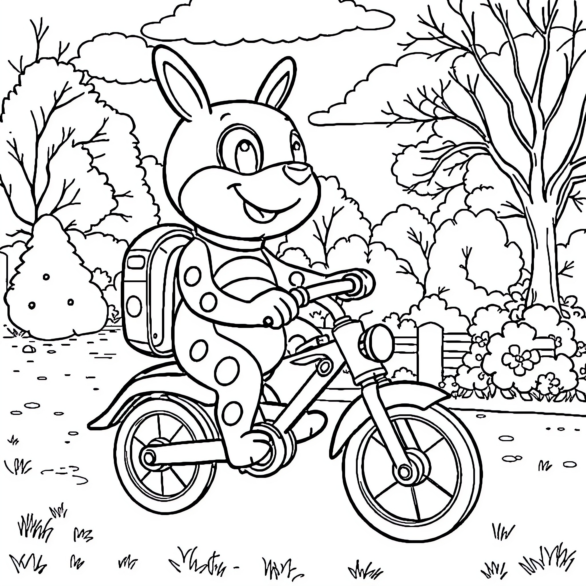 Patrol of a Cheerful Rabbit on a Bicycle in the Forest Coloring Page (free black-and-white line drawing printable PDF for all, from beginners to advanced learners, including children, teens, adults, and seniors)