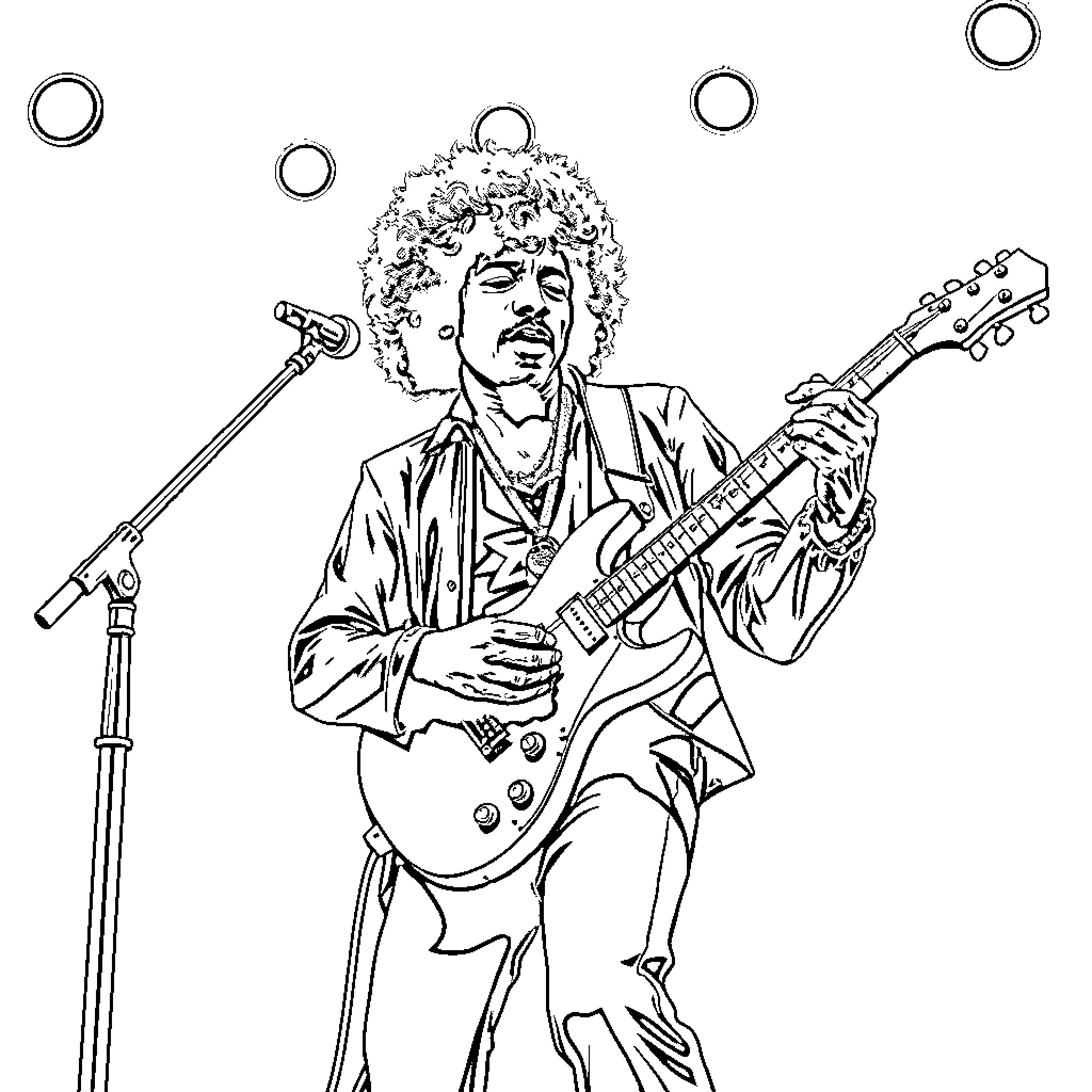 Jimi Hendrix performing on stage with his guitar Coloring Page (free black-and-white line drawing printable PDF for all, from beginners to advanced learners, including children, teens, adults, and seniors)