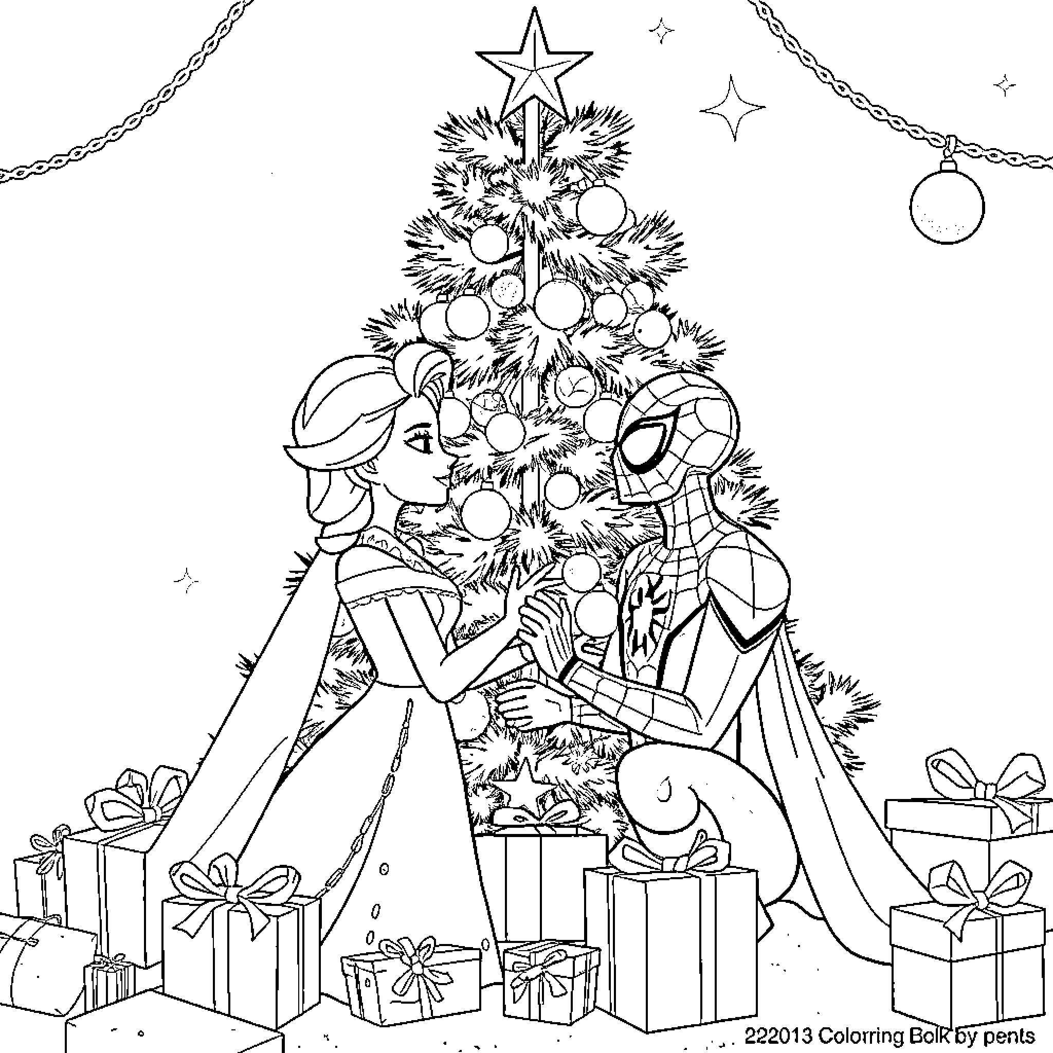 Elsa and Spider-Man decorating the Christmas tree Coloring Page (free black-and-white line drawing printable PDF for all, from beginners to advanced learners, including children, teens, adults, and seniors)