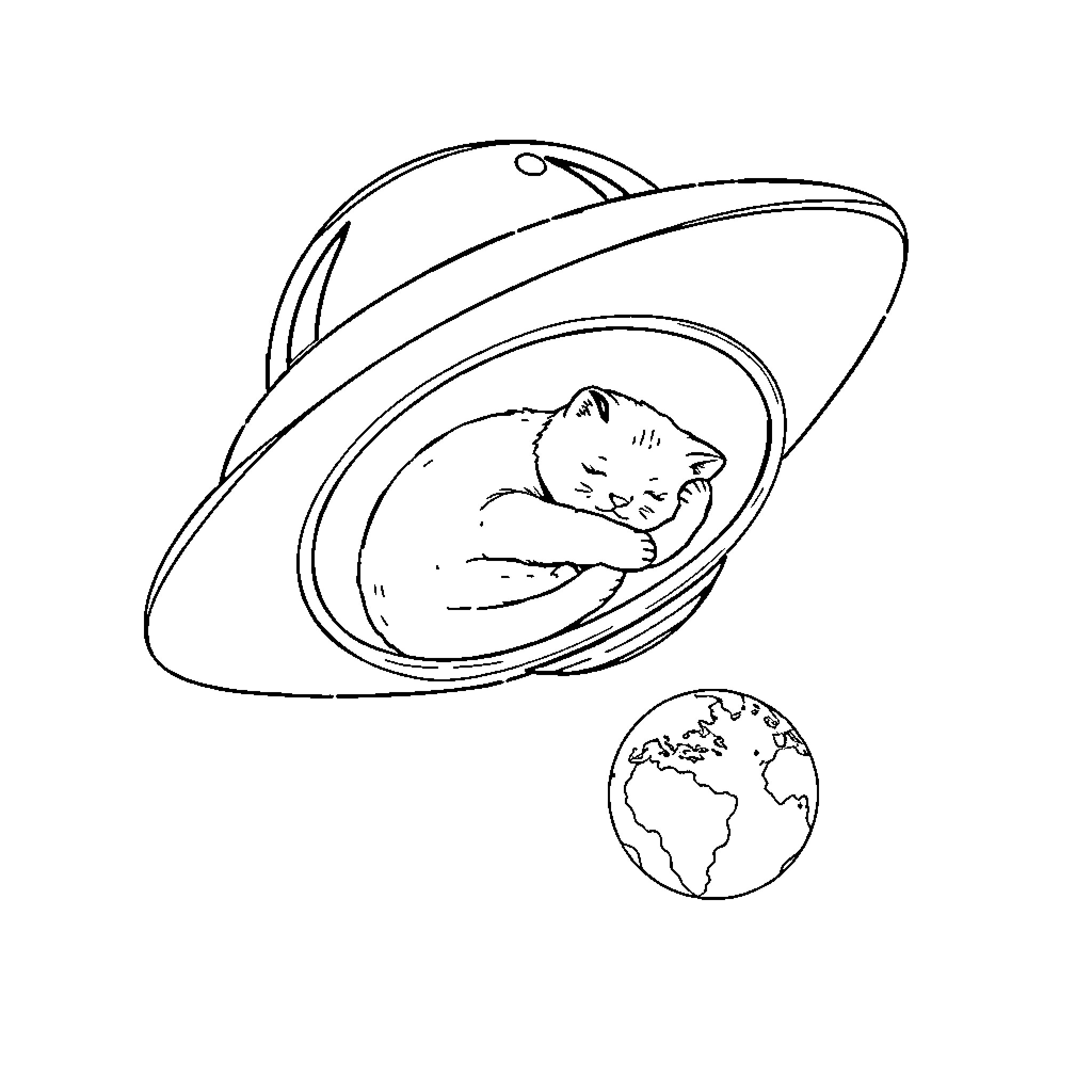Kitten resting comfortably in a flying saucer Coloring Page (free black-and-white line drawing printable PDF for all, from beginners to advanced learners, including children, teens, adults, and seniors)