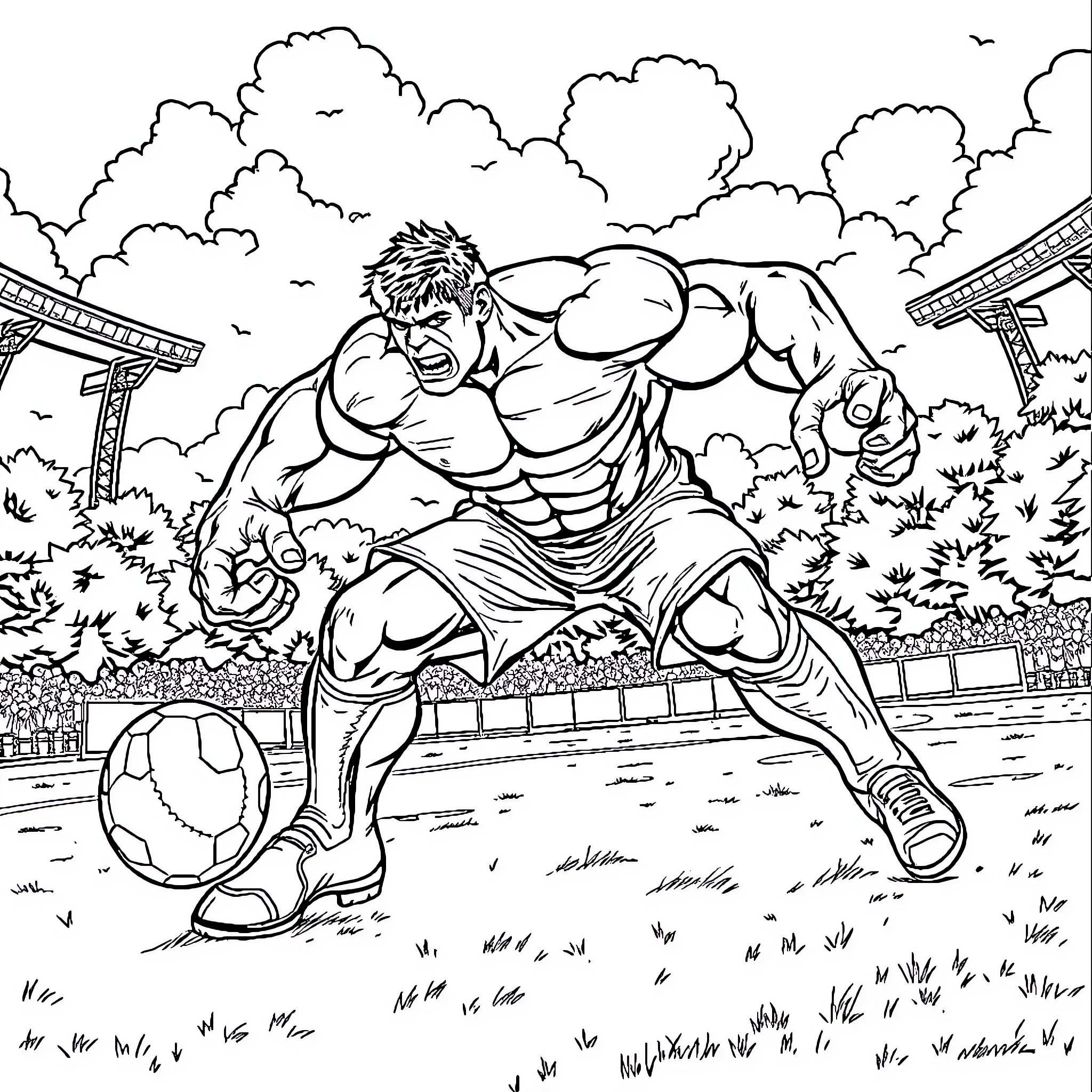 Hulk unleashing power on the field Coloring Page (free black-and-white line drawing printable PDF for all, from beginners to advanced learners, including children, teens, adults, and seniors)