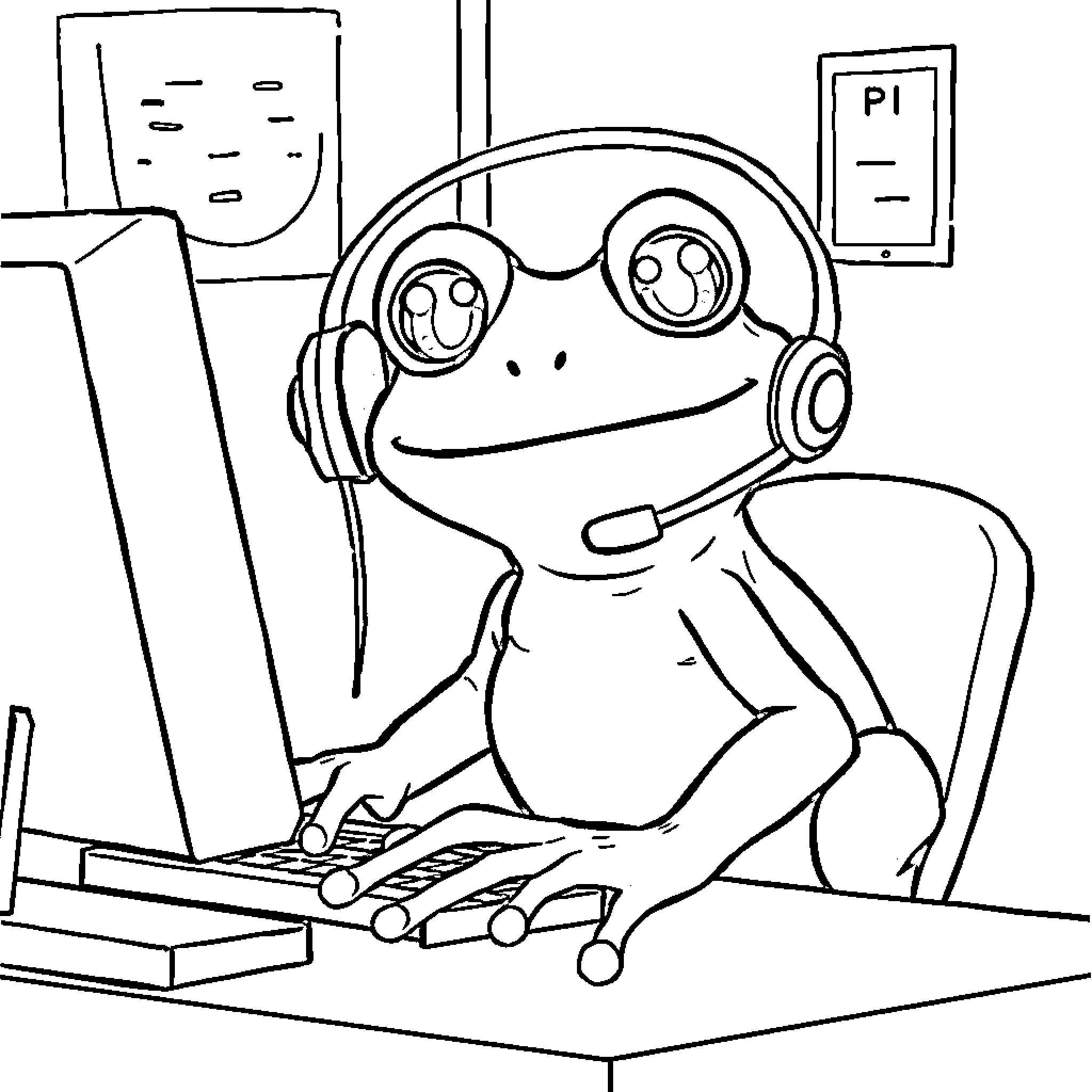 Frog gamer using computer with headphones Coloring Page (free black-and-white line drawing printable PDF for all, from beginners to advanced learners, including children, teens, adults, and seniors)