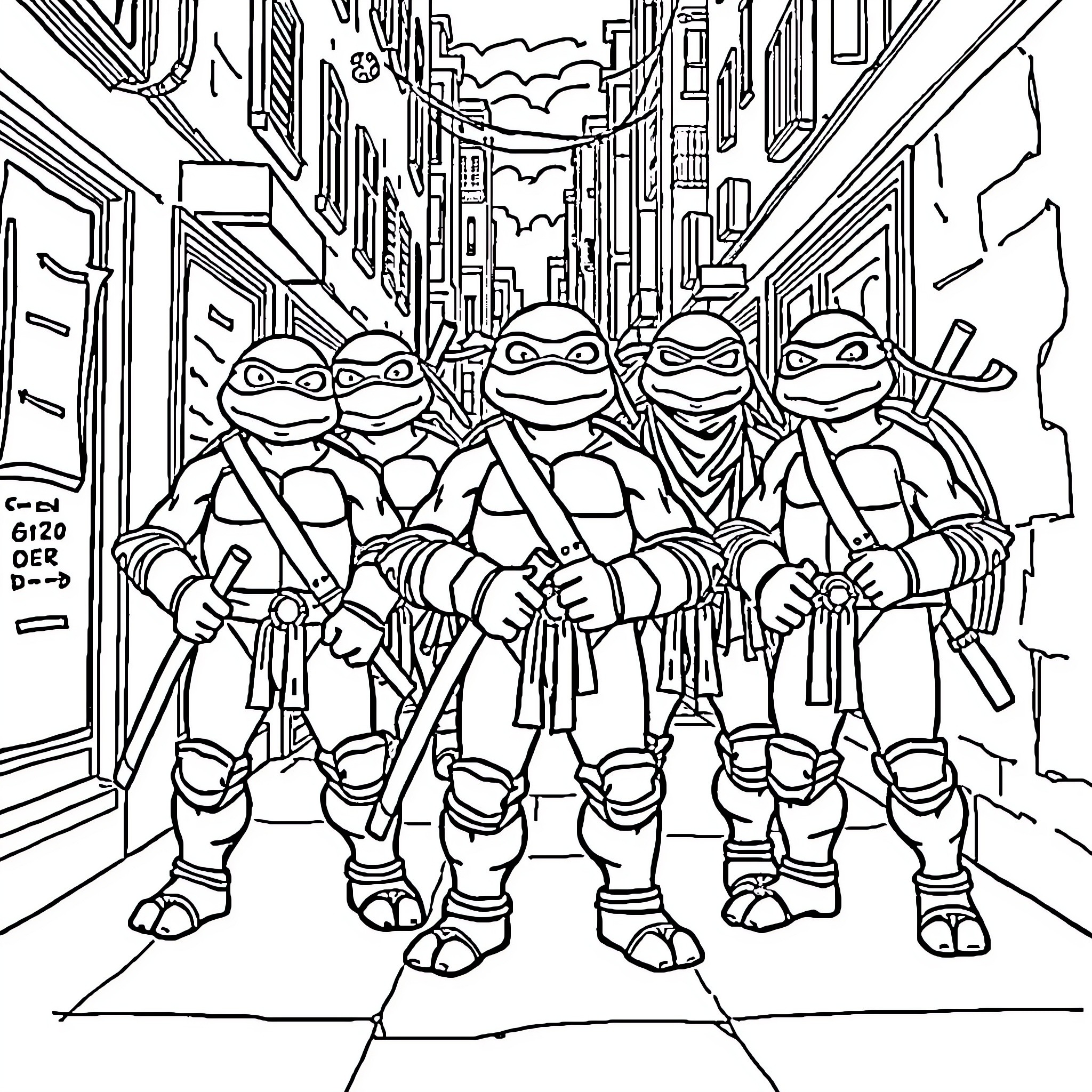 Ninja Turtles walking together in the city Coloring Page (free black-and-white line drawing printable PDF for all, from beginners to advanced learners, including children, teens, adults, and seniors)