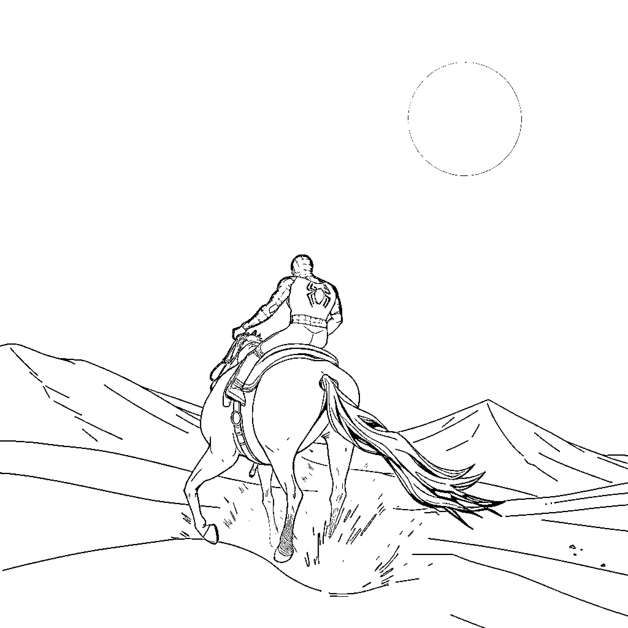 Spiderman riding a horse across the desert Coloring Page (free black-and-white line drawing printable PDF for all, from beginners to advanced learners, including children, teens, adults, and seniors)