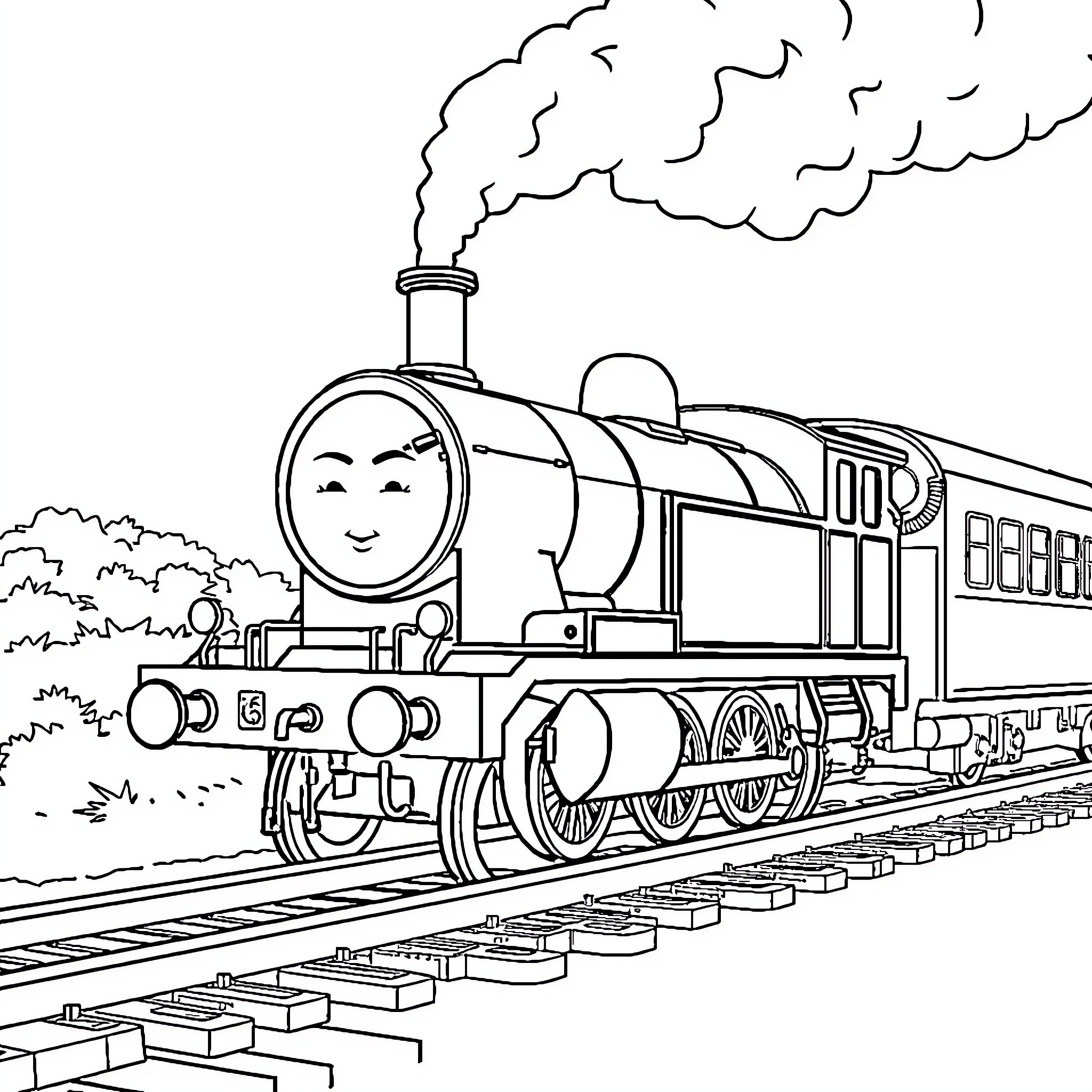 James' Jovial Journey Aboard the Locomotive Coloring Page (free black-and-white line drawing printable PDF for all, from beginners to advanced learners, including children, teens, adults, and seniors)