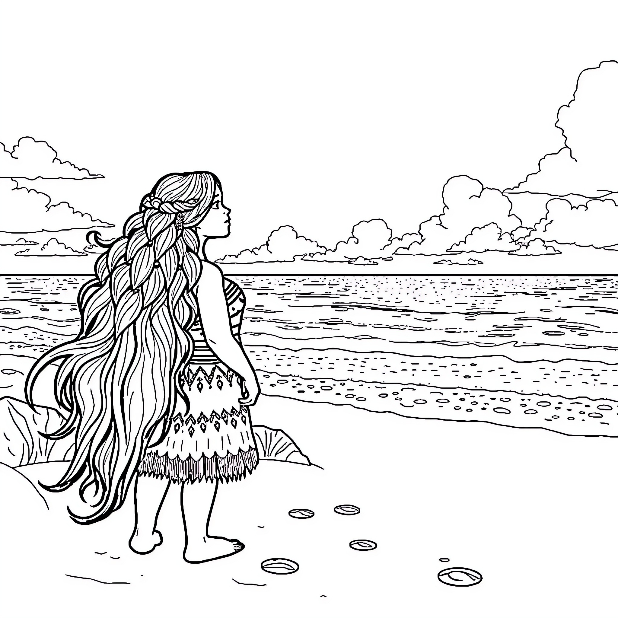Moana gazing at the ocean with flowing hair Coloring Page (free black-and-white line drawing printable PDF for all, from beginners to advanced learners, including children, teens, adults, and seniors)