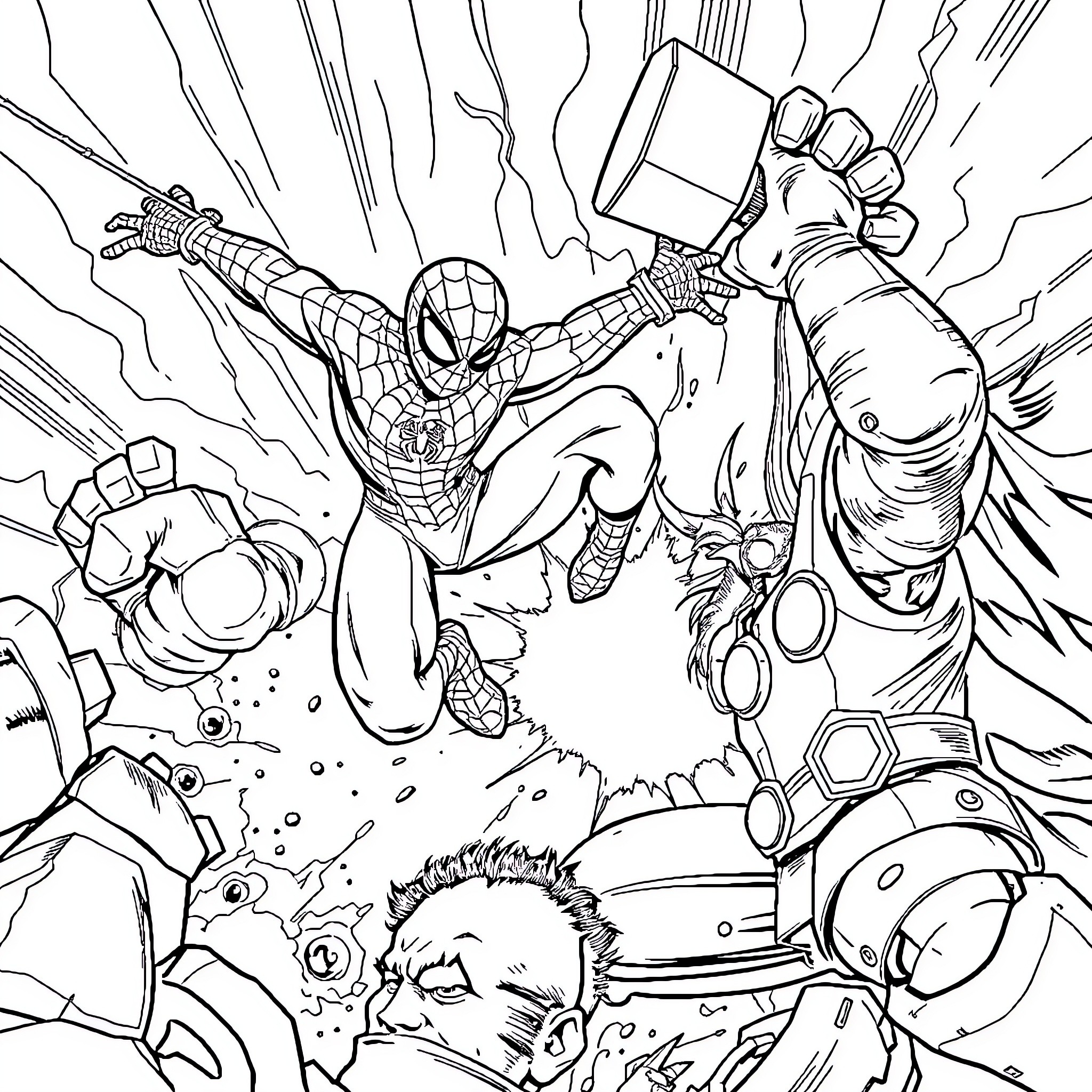 Spiderman fighting villains in an intense battle Coloring Page (free black-and-white line drawing printable PDF for all, from beginners to advanced learners, including children, teens, adults, and seniors)